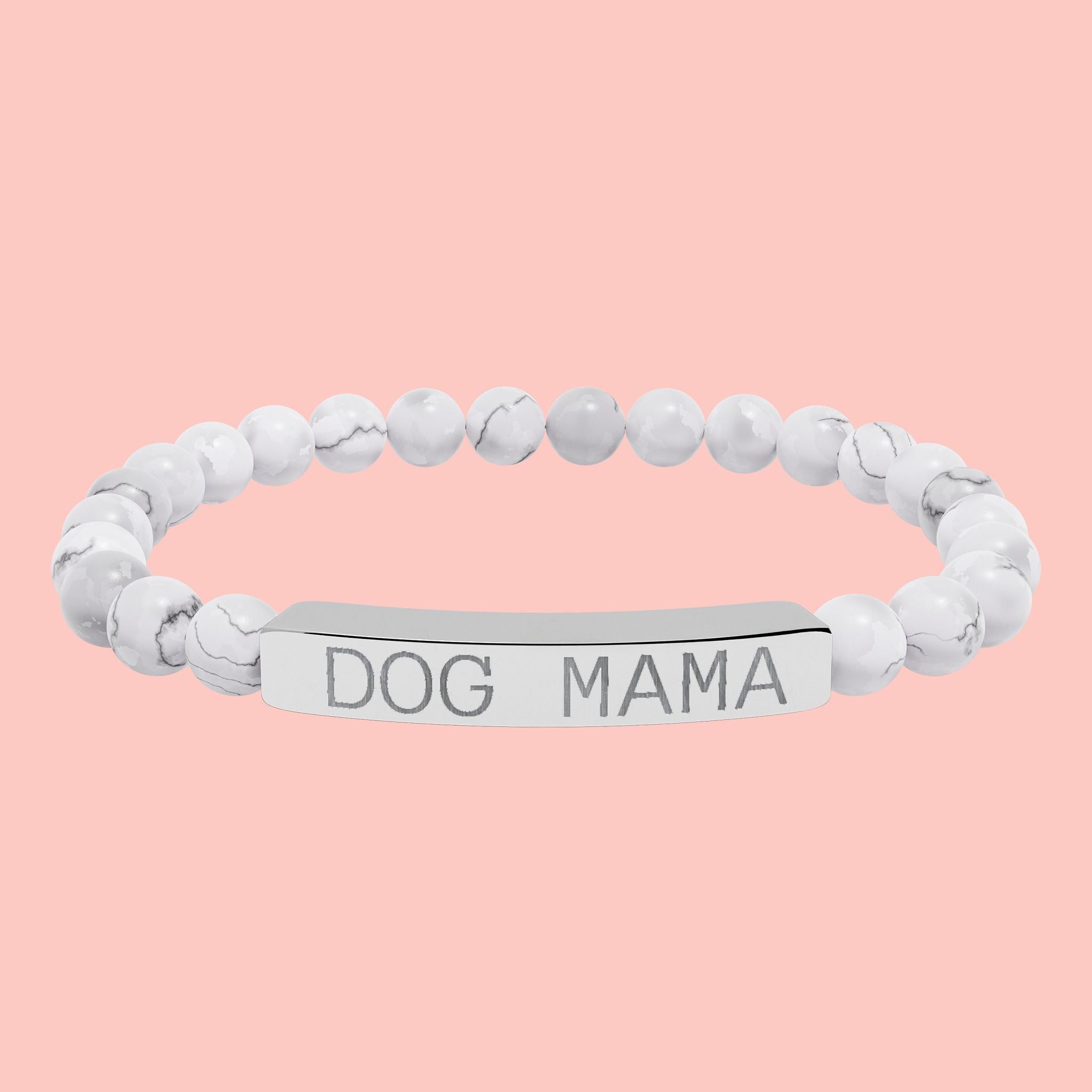 Dog Mama Natural Stone Stretch Bracelet — Engraved Bar Beaded Bracelet