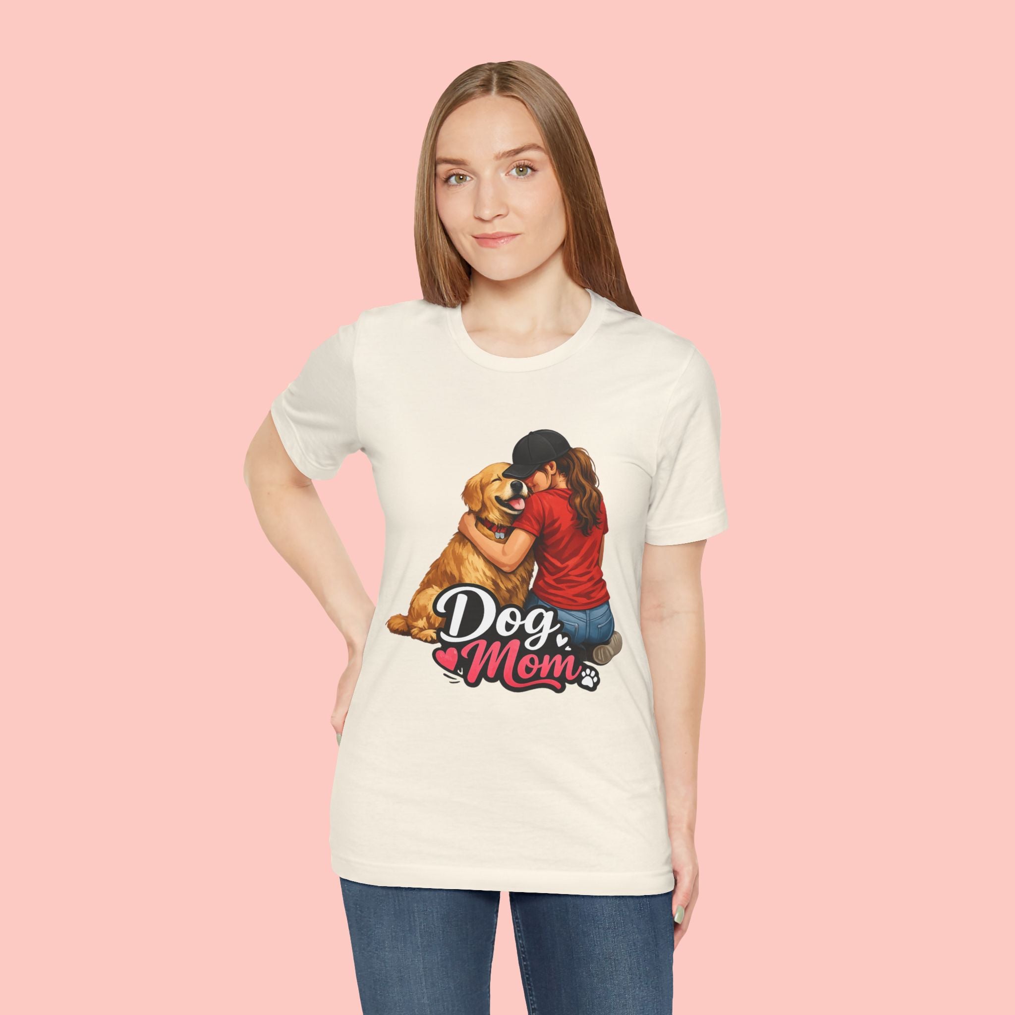 Dog Mom T-Shirt - Cute Woman Hugging Golden Retriever Tee