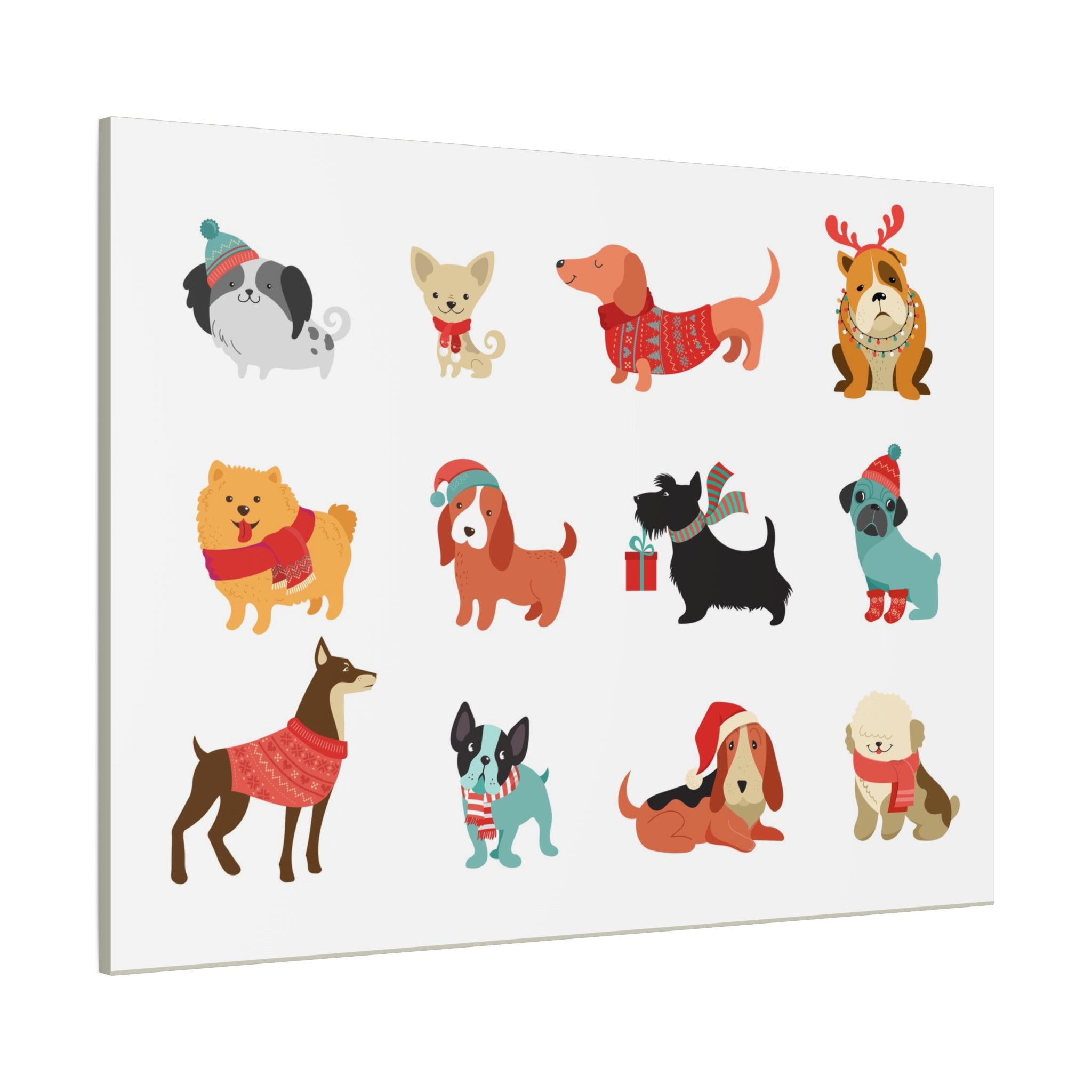 Holiday Dogs Canvas Wall Art — Cute Dachshund, Pug & Mixed Breeds in Winter Sweaters