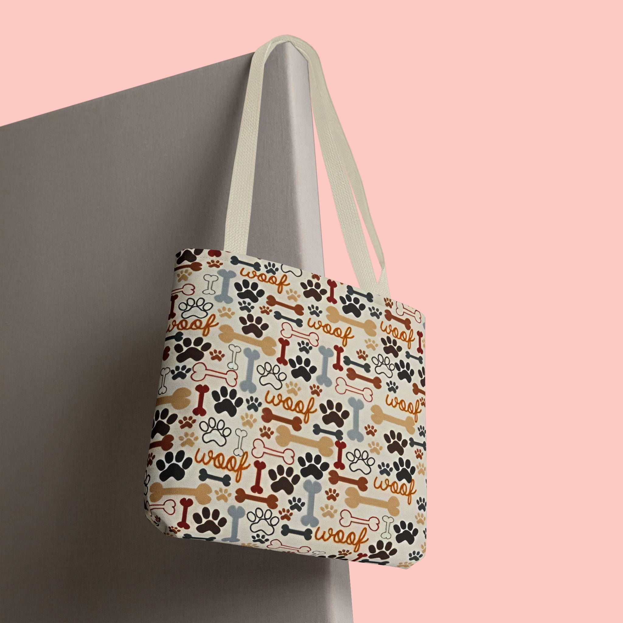 Dog Paw & Bone Pattern Tote Bag — 'Woof' All-Over Print Canvas Tote