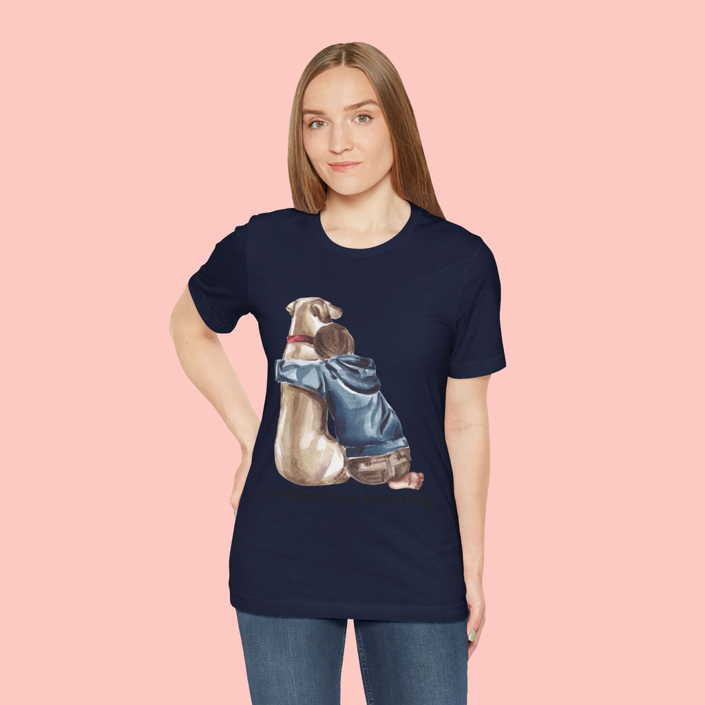 Cuddles Over Everything Tee — Boy Hugging Dog Animal Lover T-Shirt