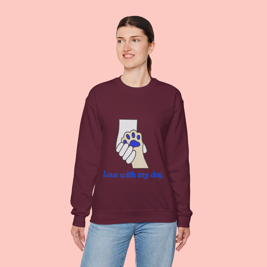 Dog Lover Crewneck Sweatshirt — "Love with my dog." Paw & Hold Graphic