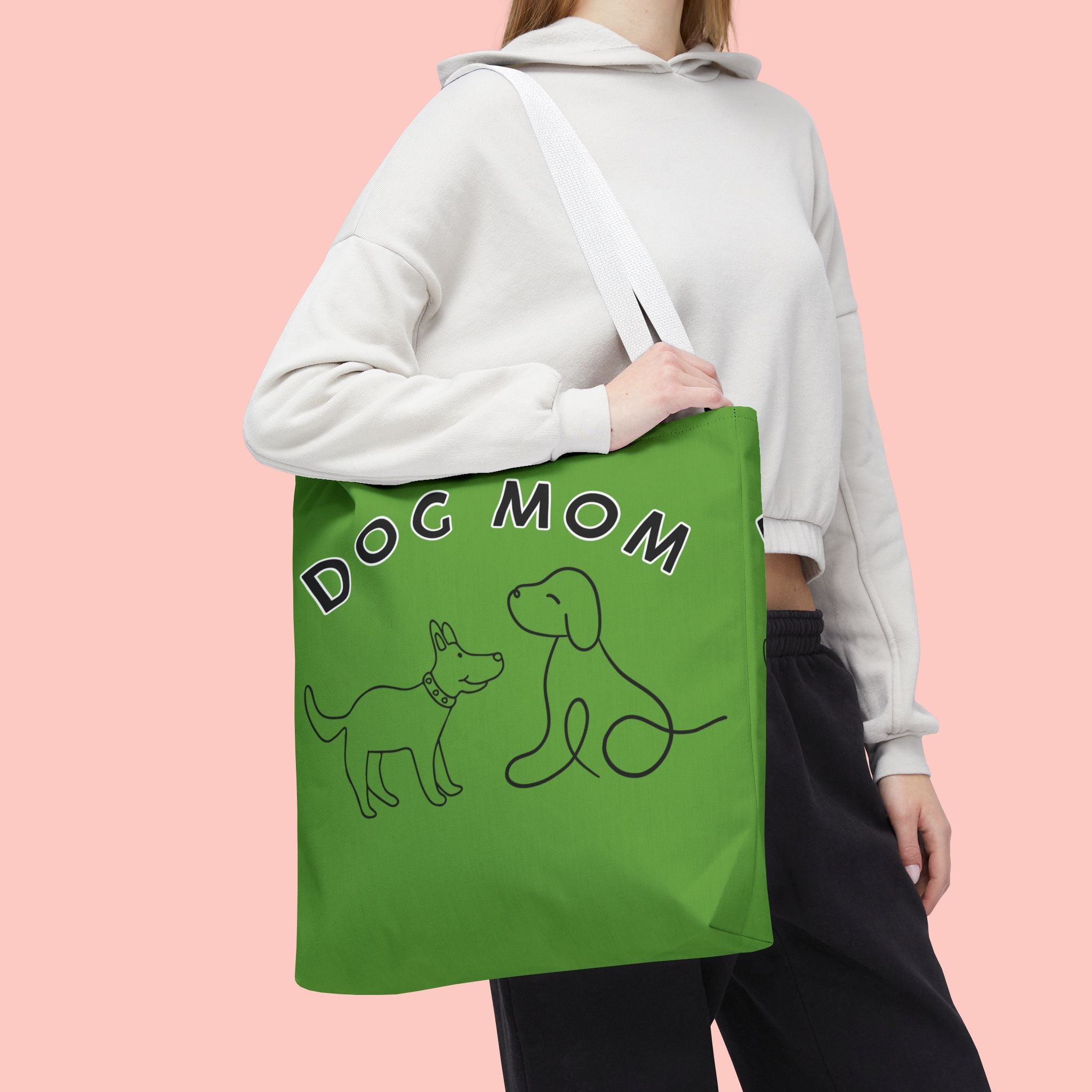 Dog Mom Tote Bag — Green All-Over-Print Cute Line-Drawing Dogs