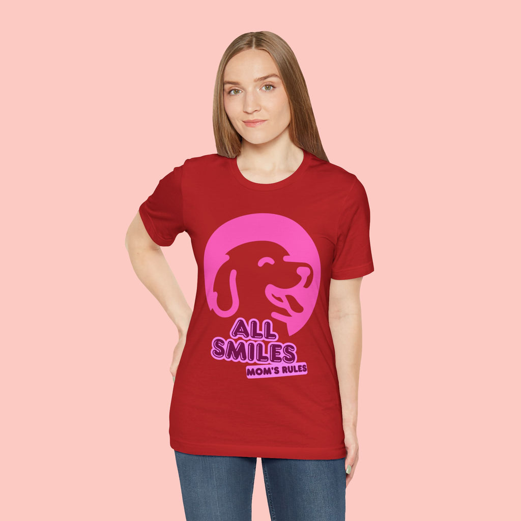 All Smiles Mom's Rules T-Shirt — Cute Pink Dog Graphic Tee for Moms & Pet Lovers