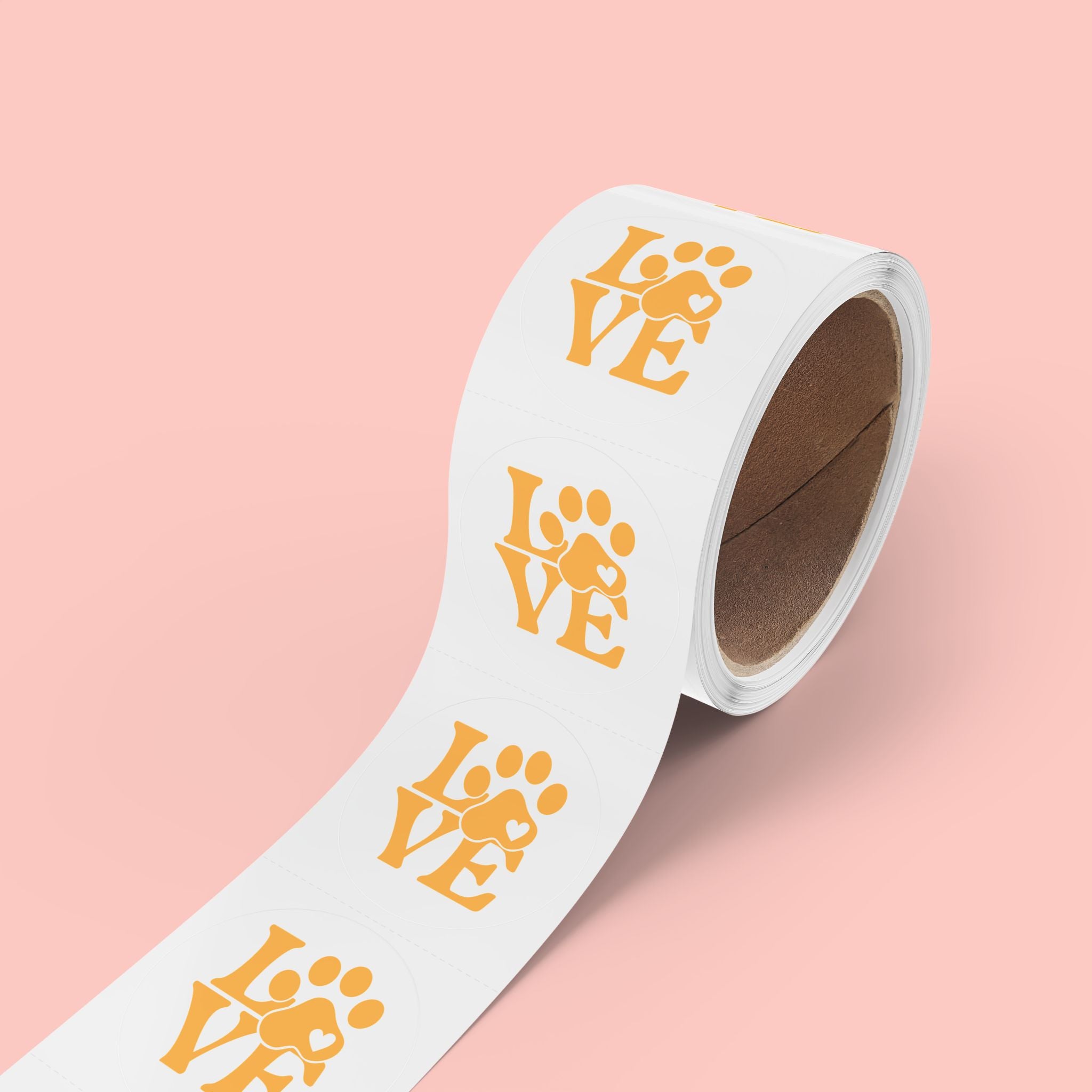 Round Pet Love Sticker Labels — Paw Print "LOVE" Roll