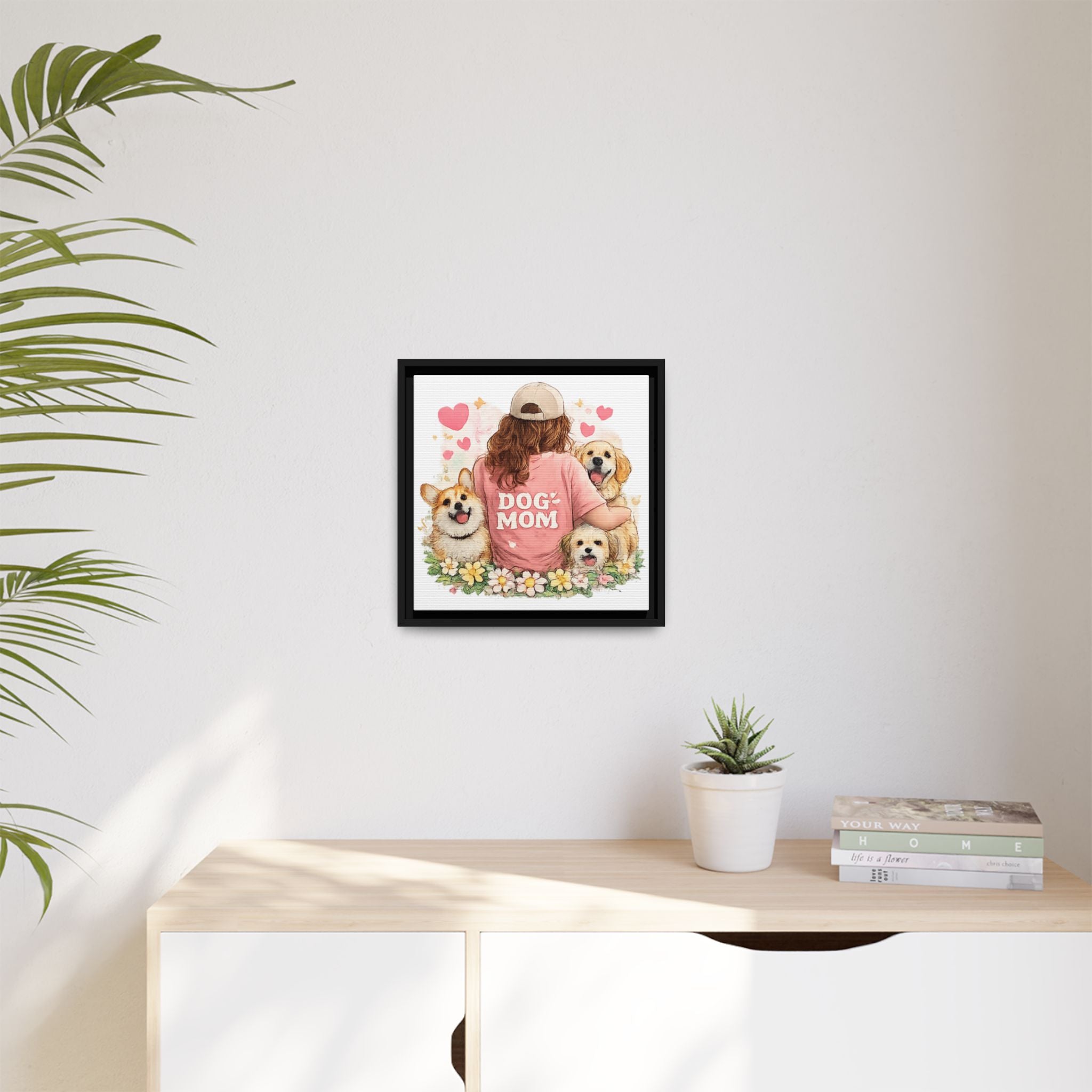 Dog Mom Canvas Print — Framed Matte Wall Art with Cute Dogs & Hearts