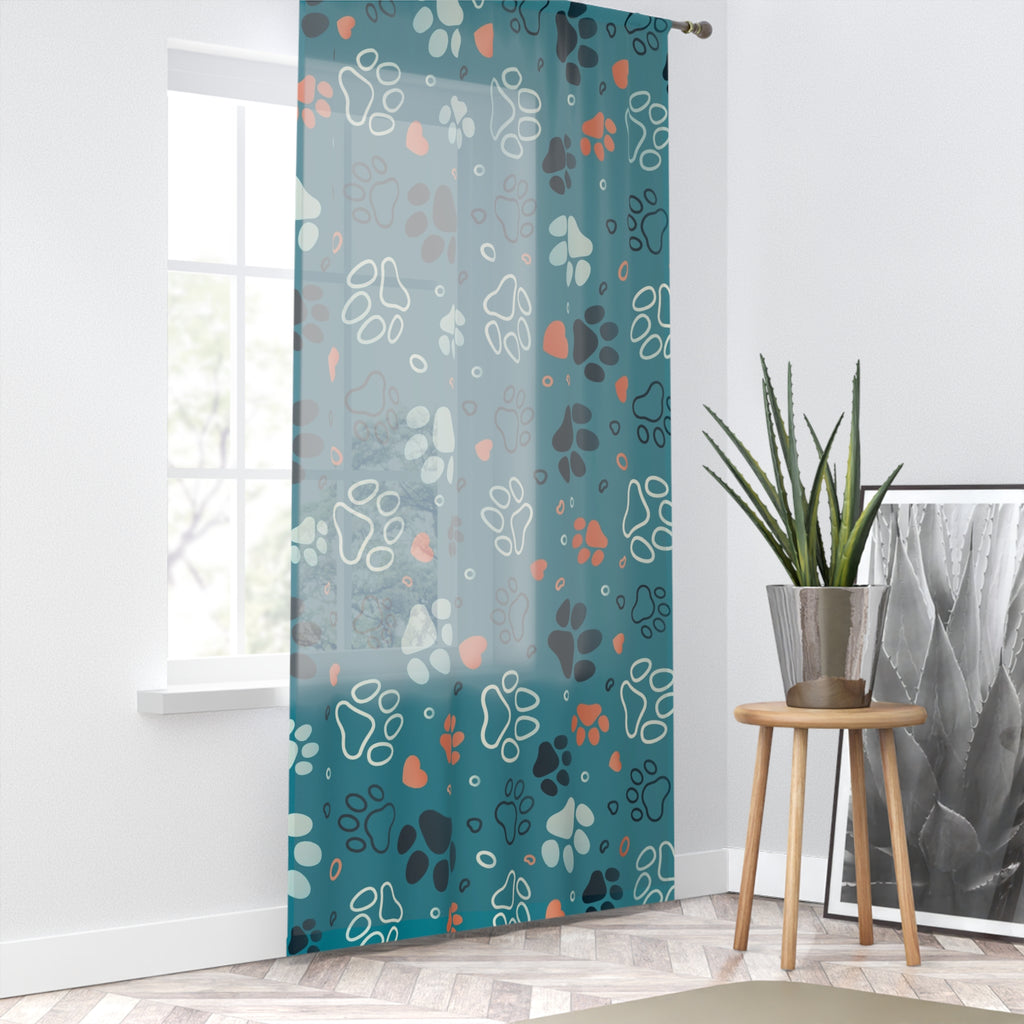 Paw Print Window Curtain – Teal Pet-Themed Drapery