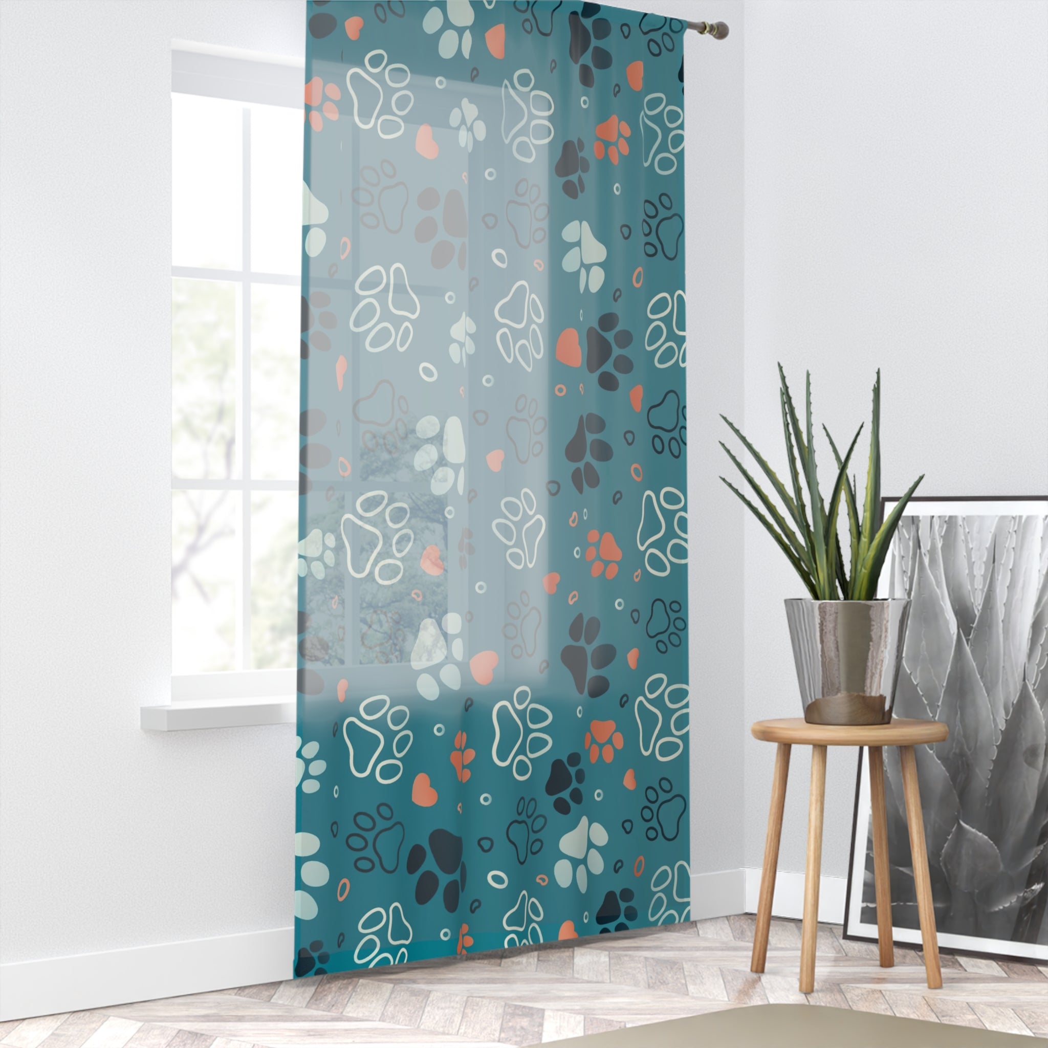 Paw Print Window Curtain – Teal Pet-Themed Drapery