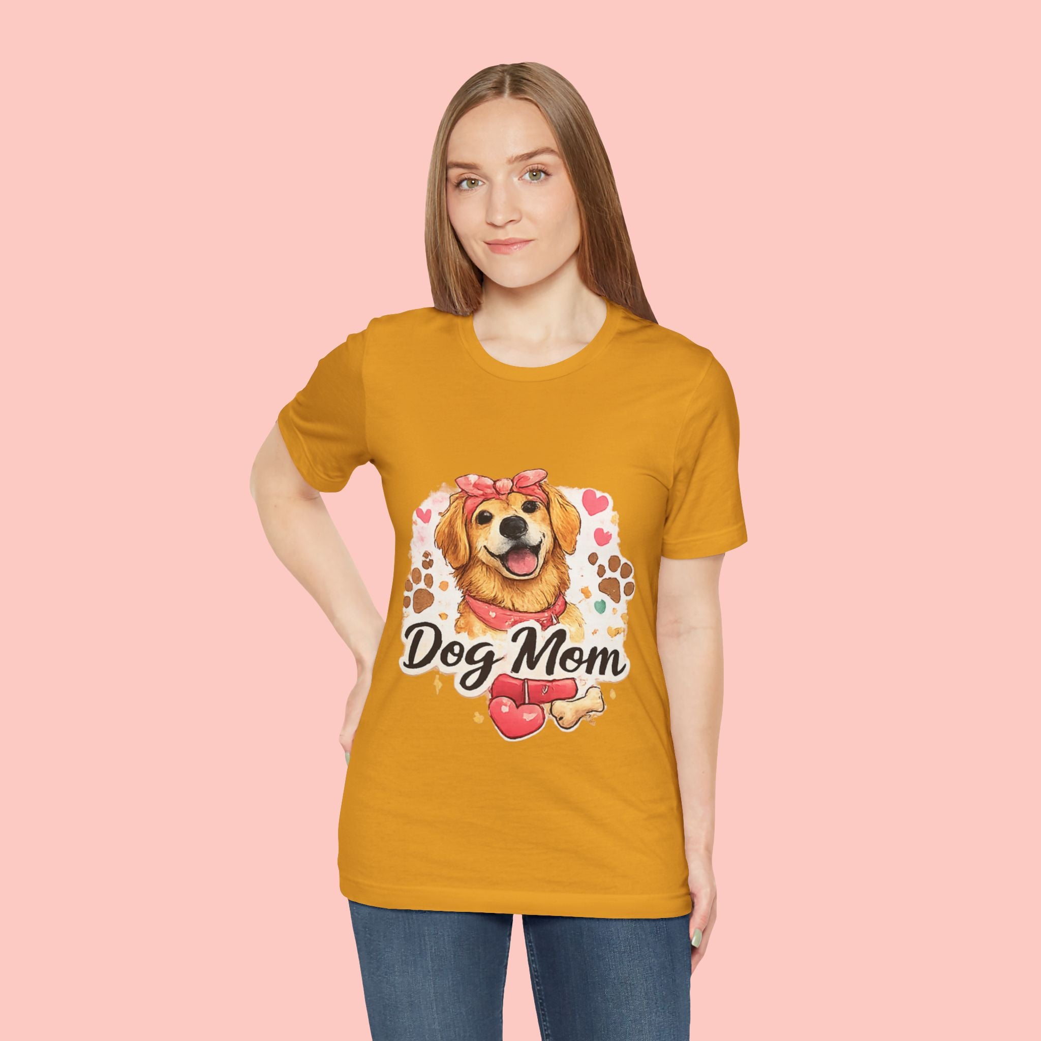 Dog Mom T-Shirt – Cute Golden Retriever Design with Hearts & Paw Prints