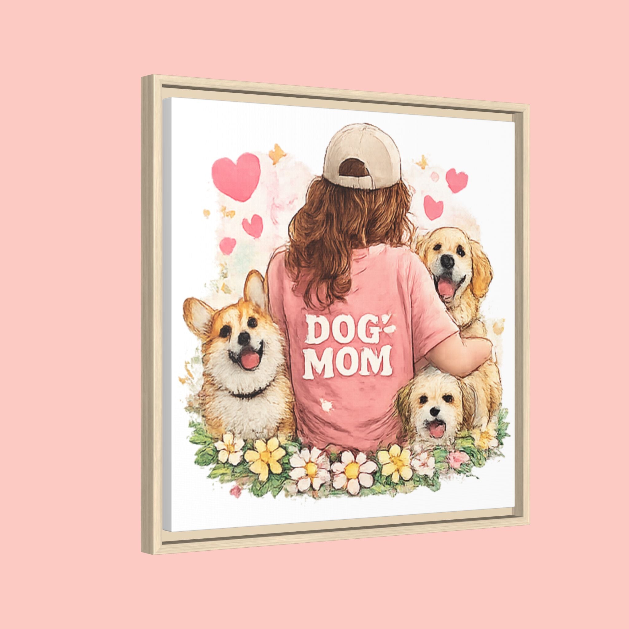 Dog Mom Canvas Print — Framed Matte Wall Art with Cute Dogs & Hearts