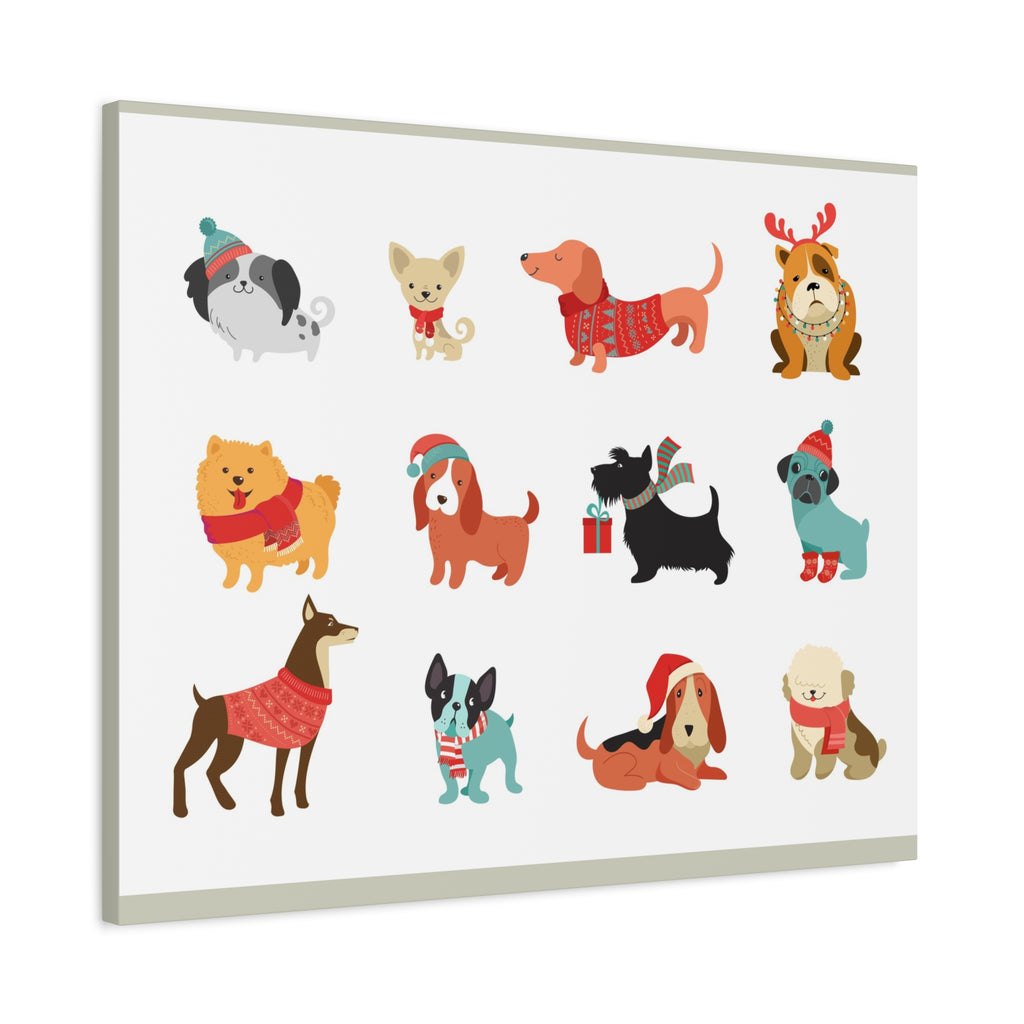 Holiday Dogs Canvas Wall Art — Cute Dachshund, Pug & Mixed Breeds in Winter Sweaters