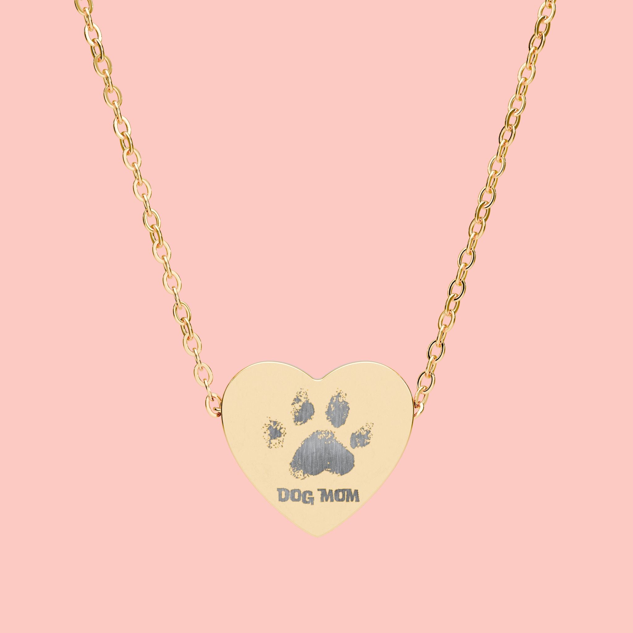 Heart Necklace — Engraved "Dog Mom" Paw Print Pendant