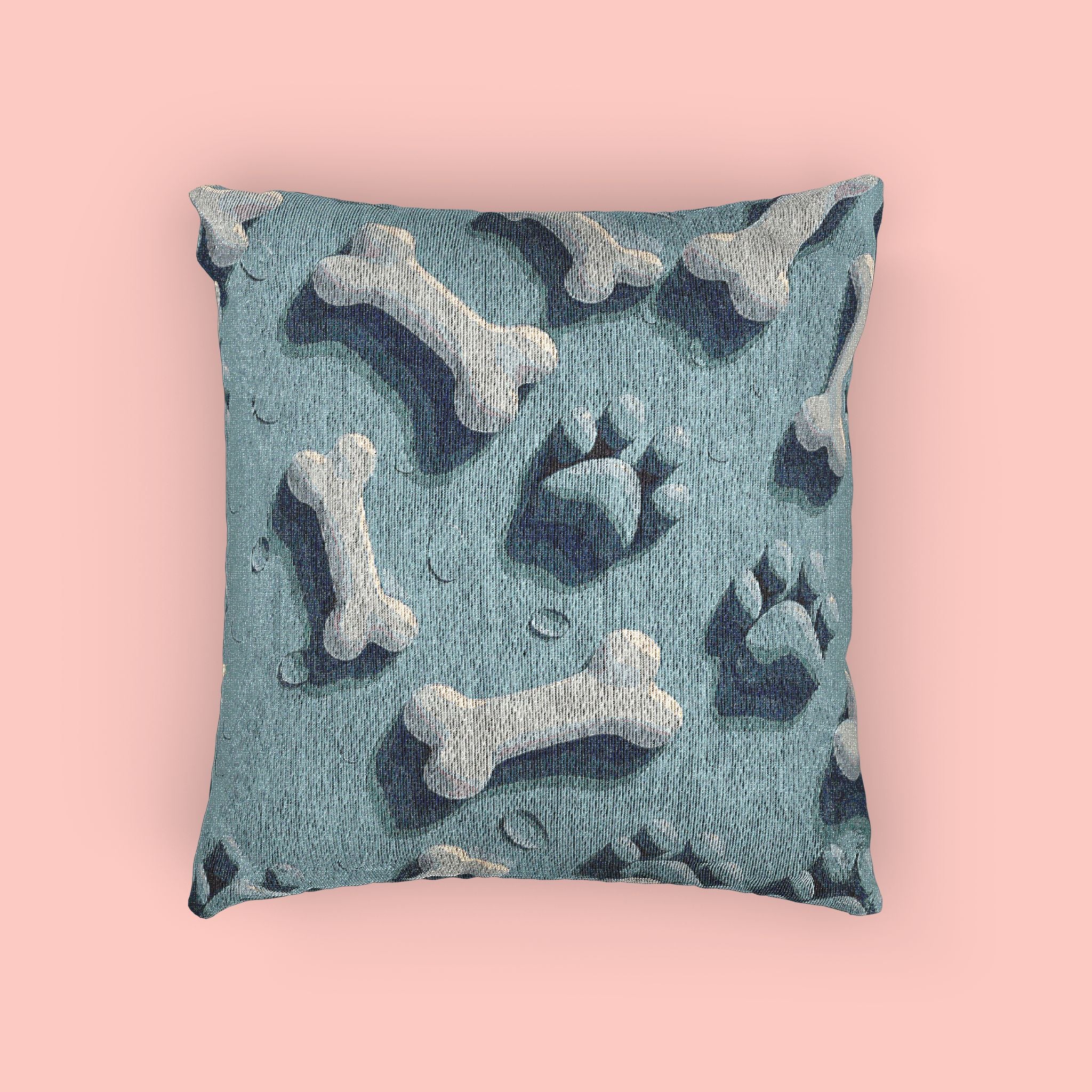 Woven Pillow — Blue Paw & Bone Pattern Decorative Pillow