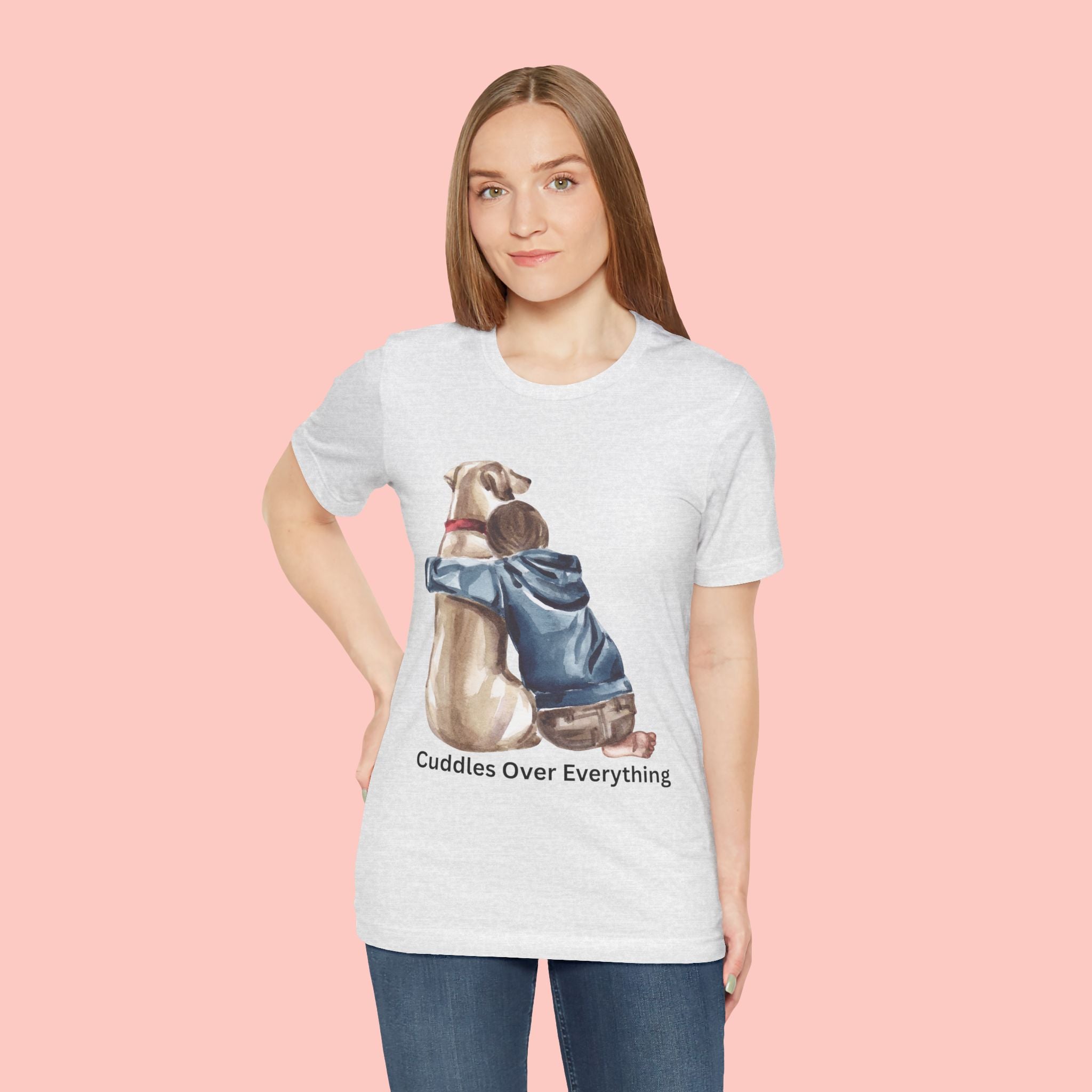 Cuddles Over Everything Tee — Boy Hugging Dog Animal Lover T-Shirt