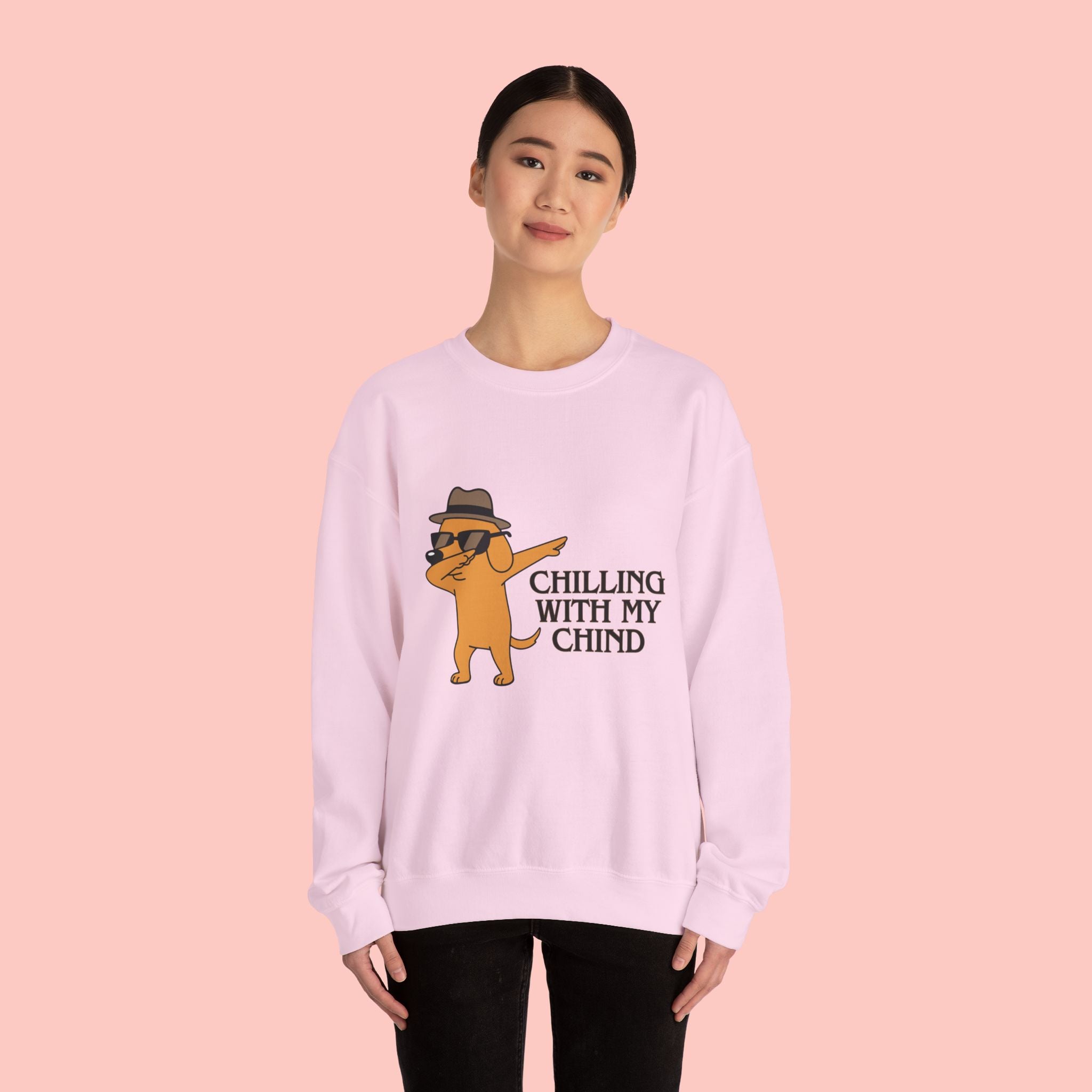 Chilling With My Chind Crewneck Sweatshirt — Funny Dab Dog Graphic Sweatshirt