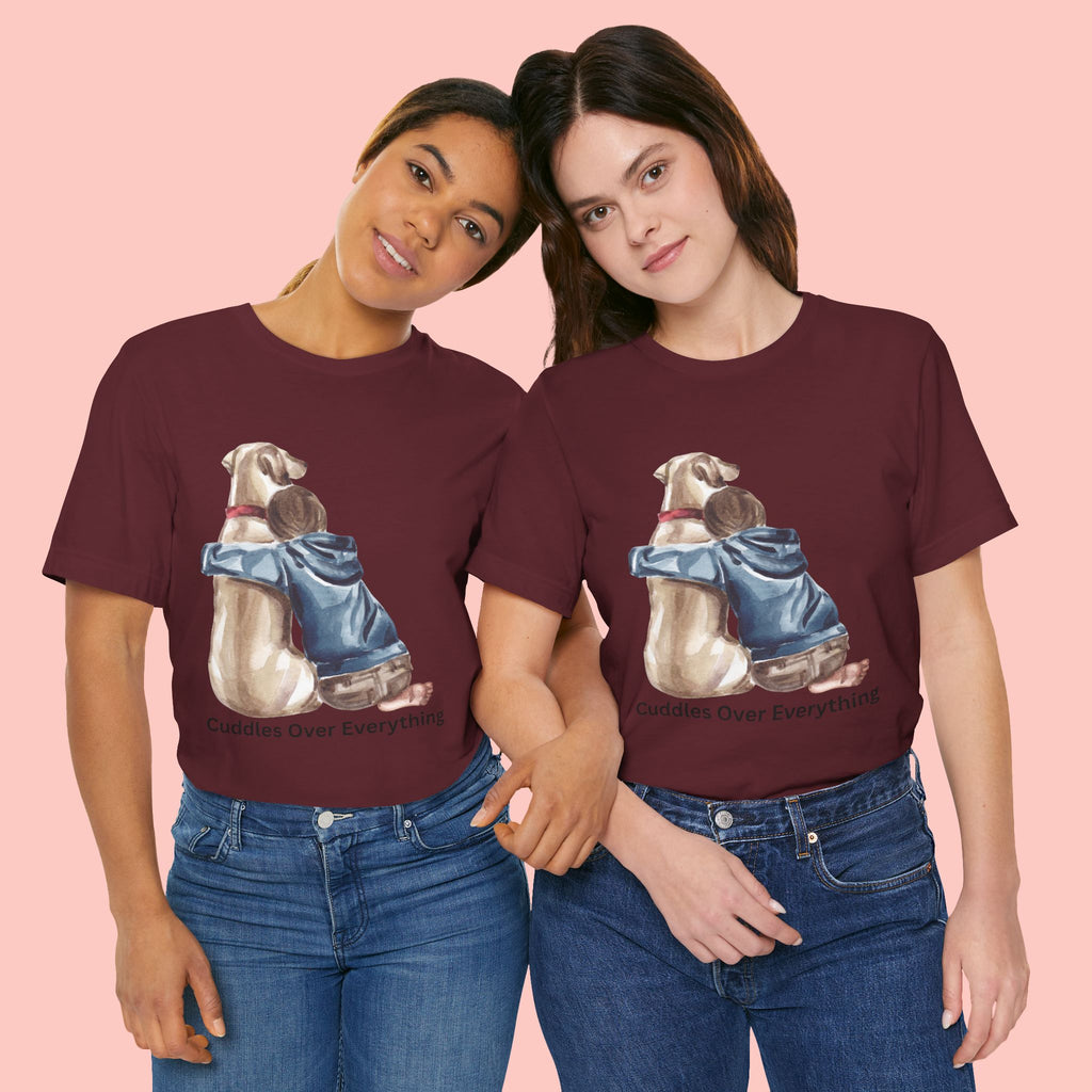 Cuddles Over Everything Tee — Boy Hugging Dog Animal Lover T-Shirt