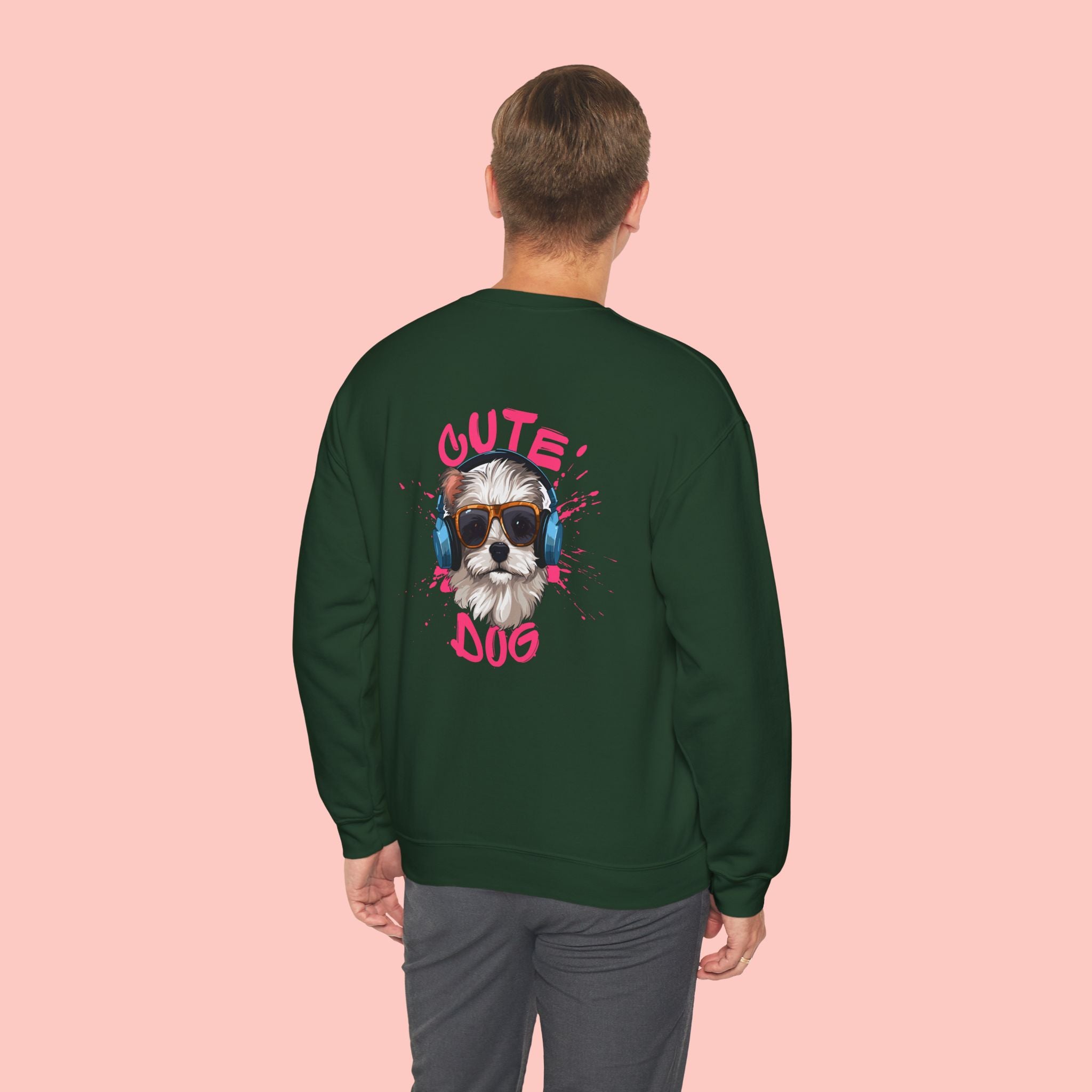 Cute Dog Crewneck Sweatshirt – Cute Dog with Headphones Graphic
