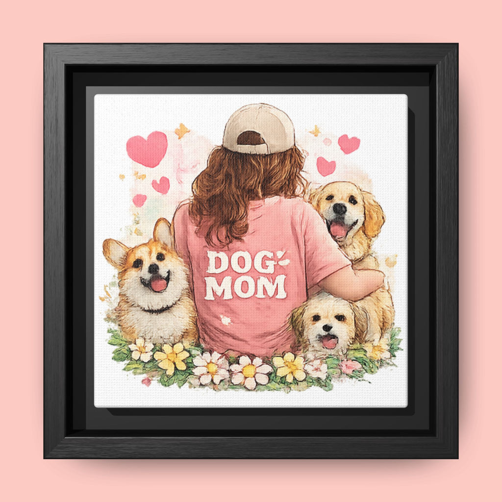 Dog Mom Canvas Print — Framed Matte Wall Art with Cute Dogs & Hearts