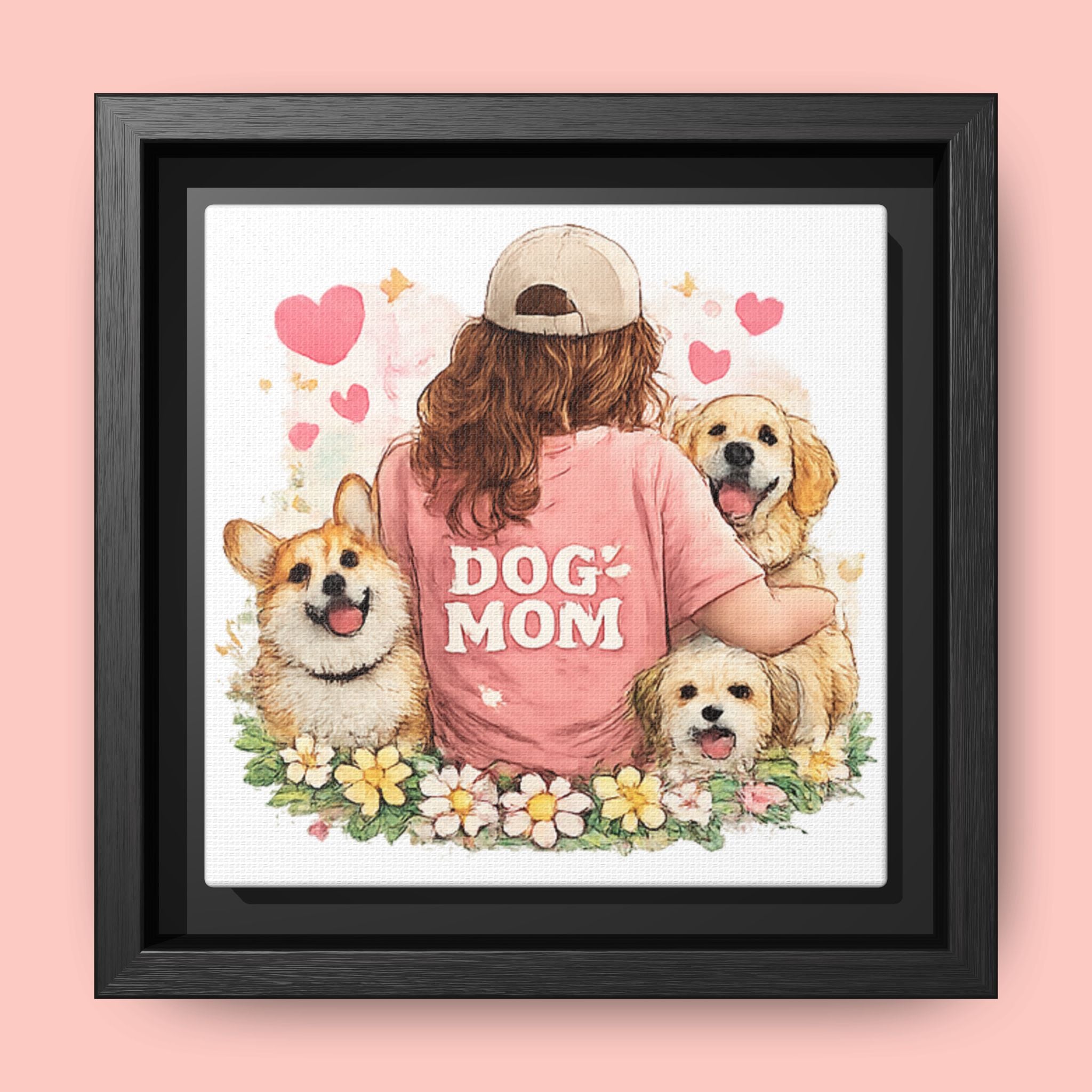 Dog Mom Canvas Print — Framed Matte Wall Art with Cute Dogs & Hearts
