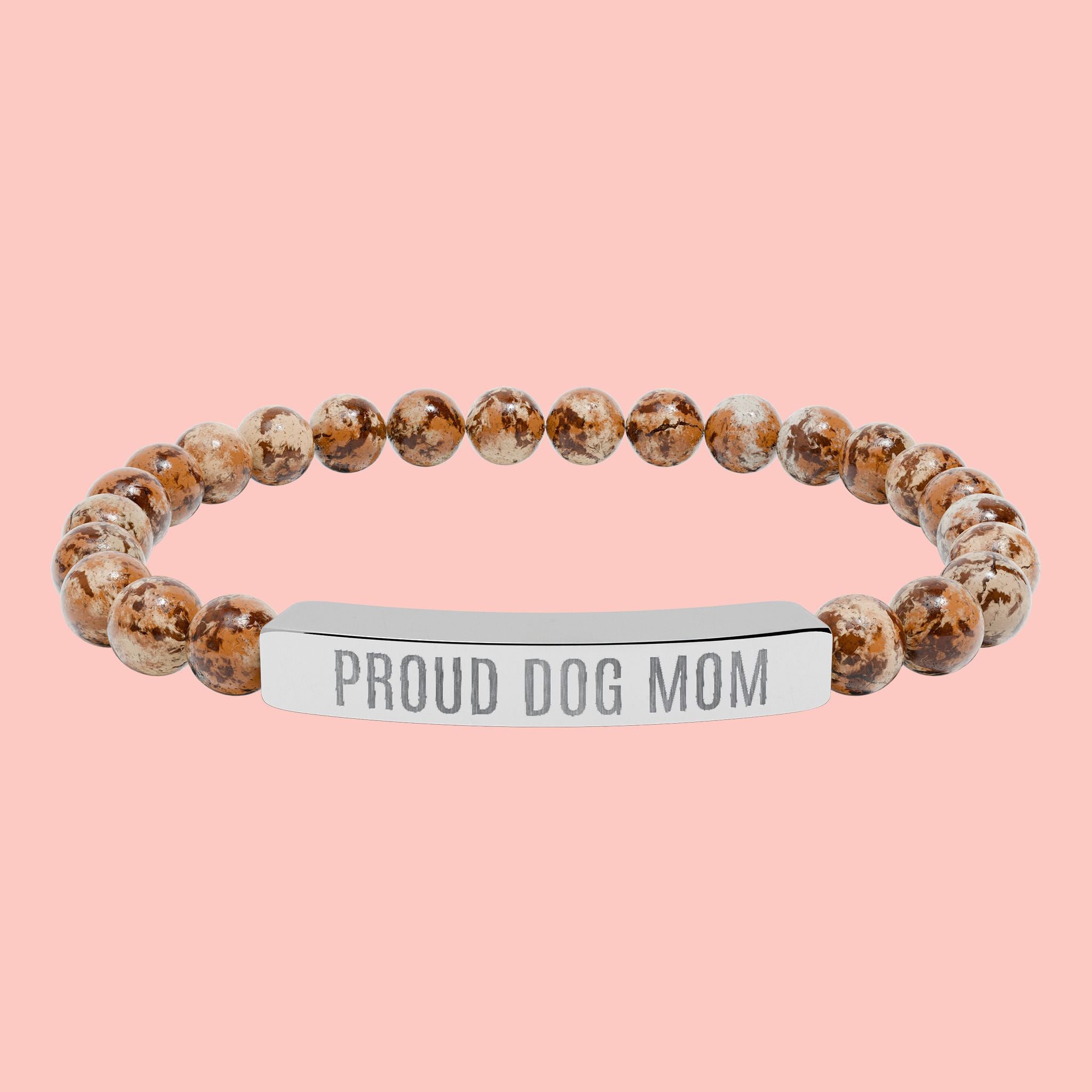 Proud Dog Mom Natural Stone Stretch Bracelet – Engraved Bar Gift for Pet Lovers