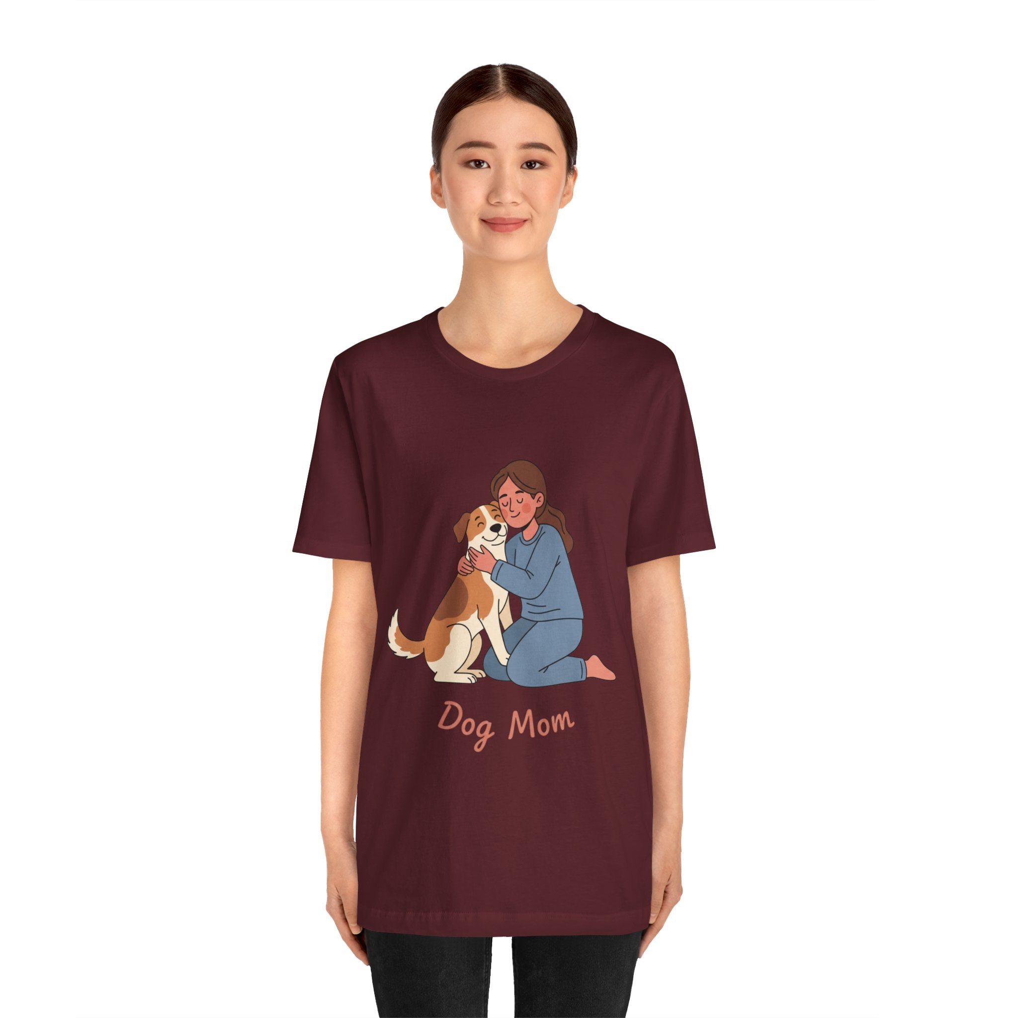 Dog Mom T‑Shirt — Cute Woman Hugging Dog Graphic Tee