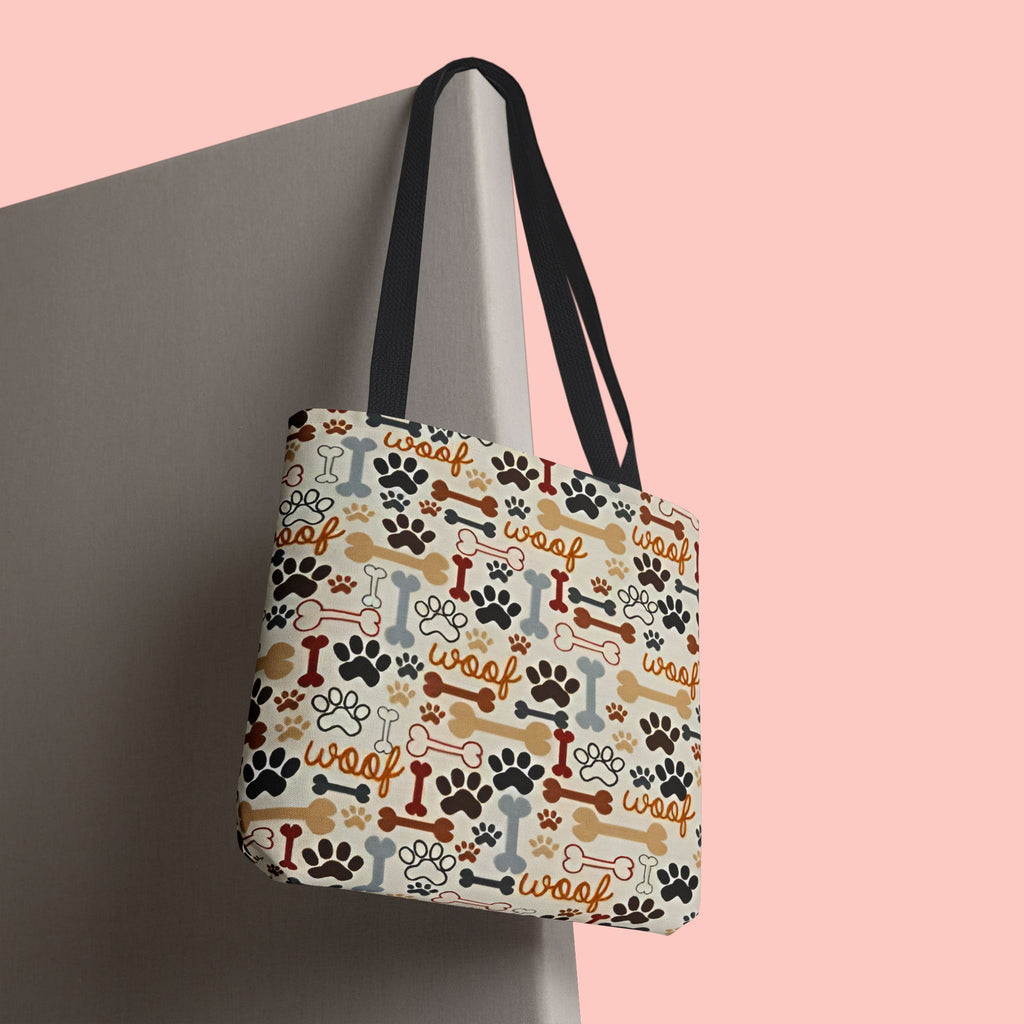 Dog Paw & Bone Pattern Tote Bag — 'Woof' All-Over Print Canvas Tote