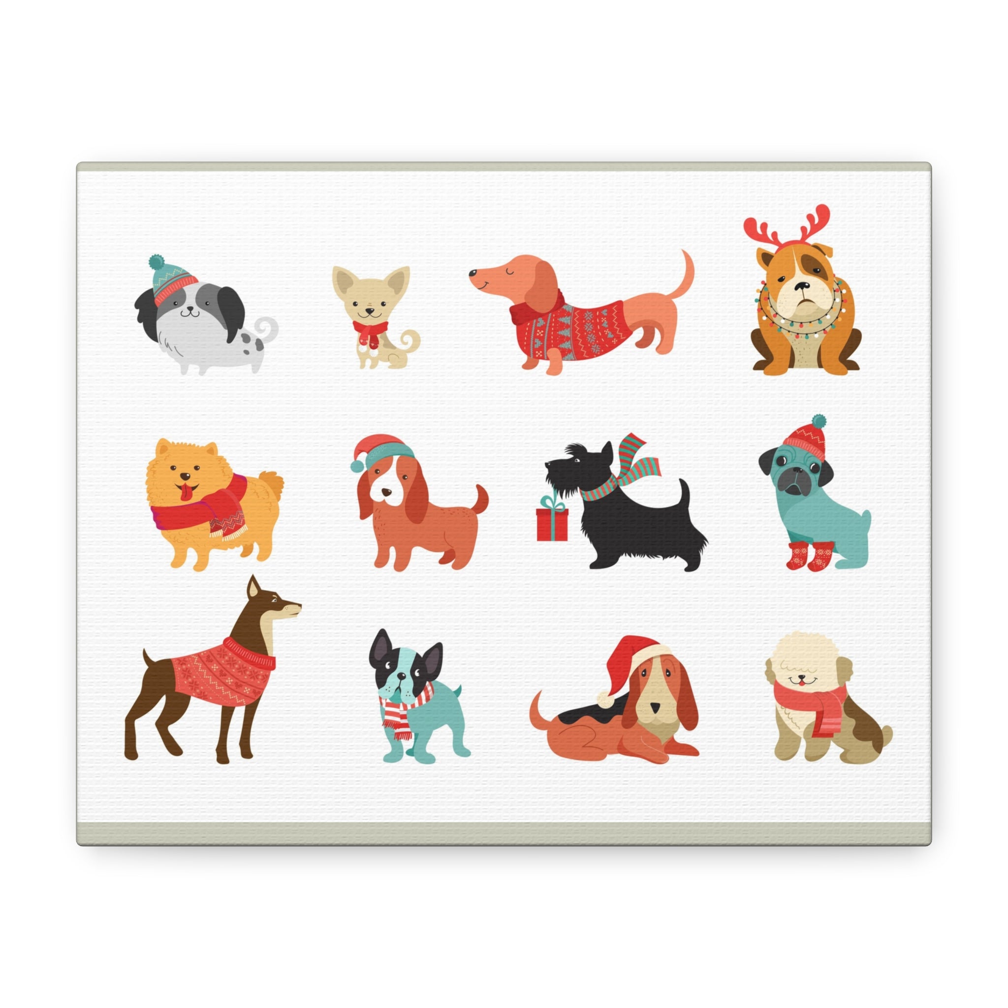 Holiday Dogs Canvas Wall Art — Cute Dachshund, Pug & Mixed Breeds in Winter Sweaters