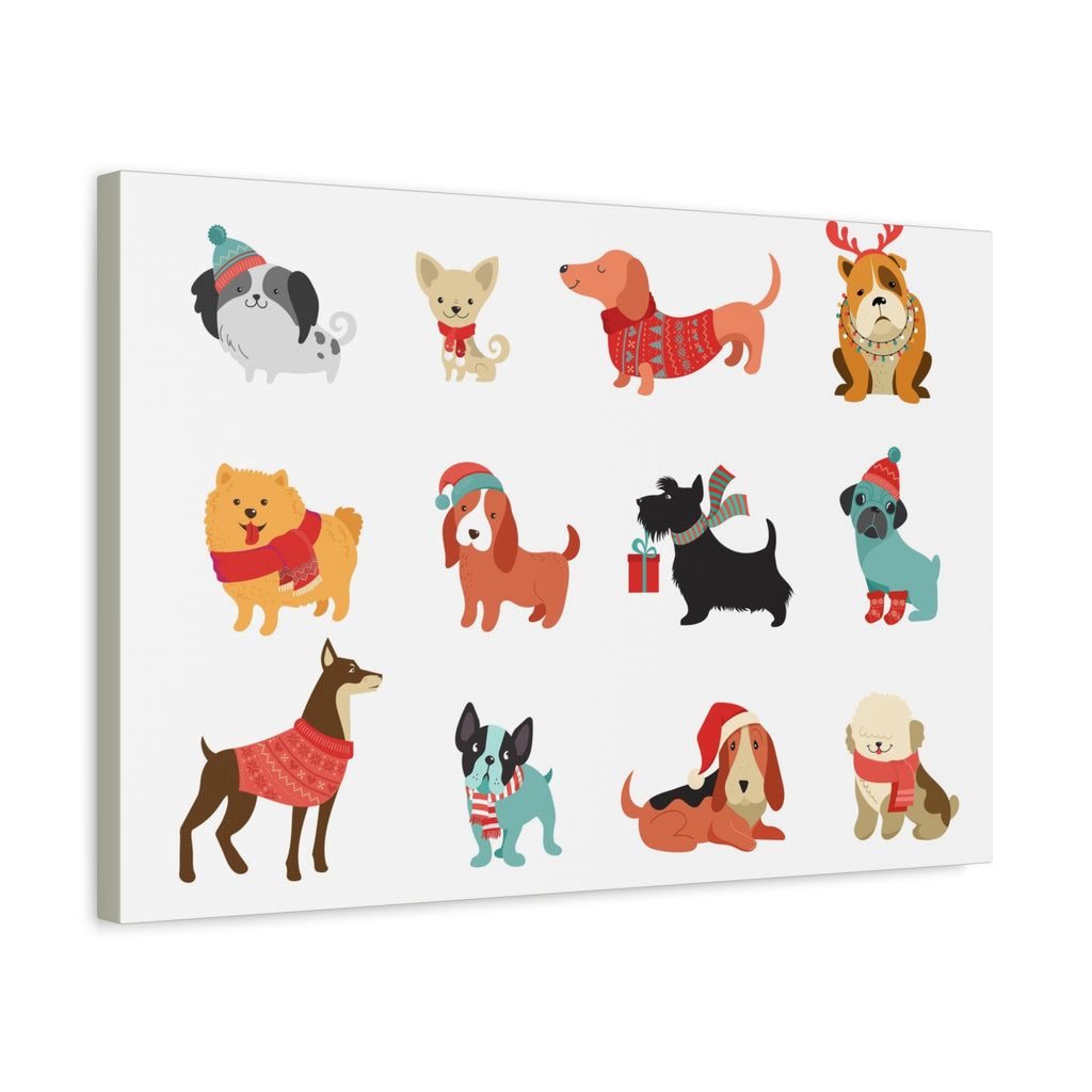 Holiday Dogs Canvas Wall Art — Cute Dachshund, Pug & Mixed Breeds in Winter Sweaters
