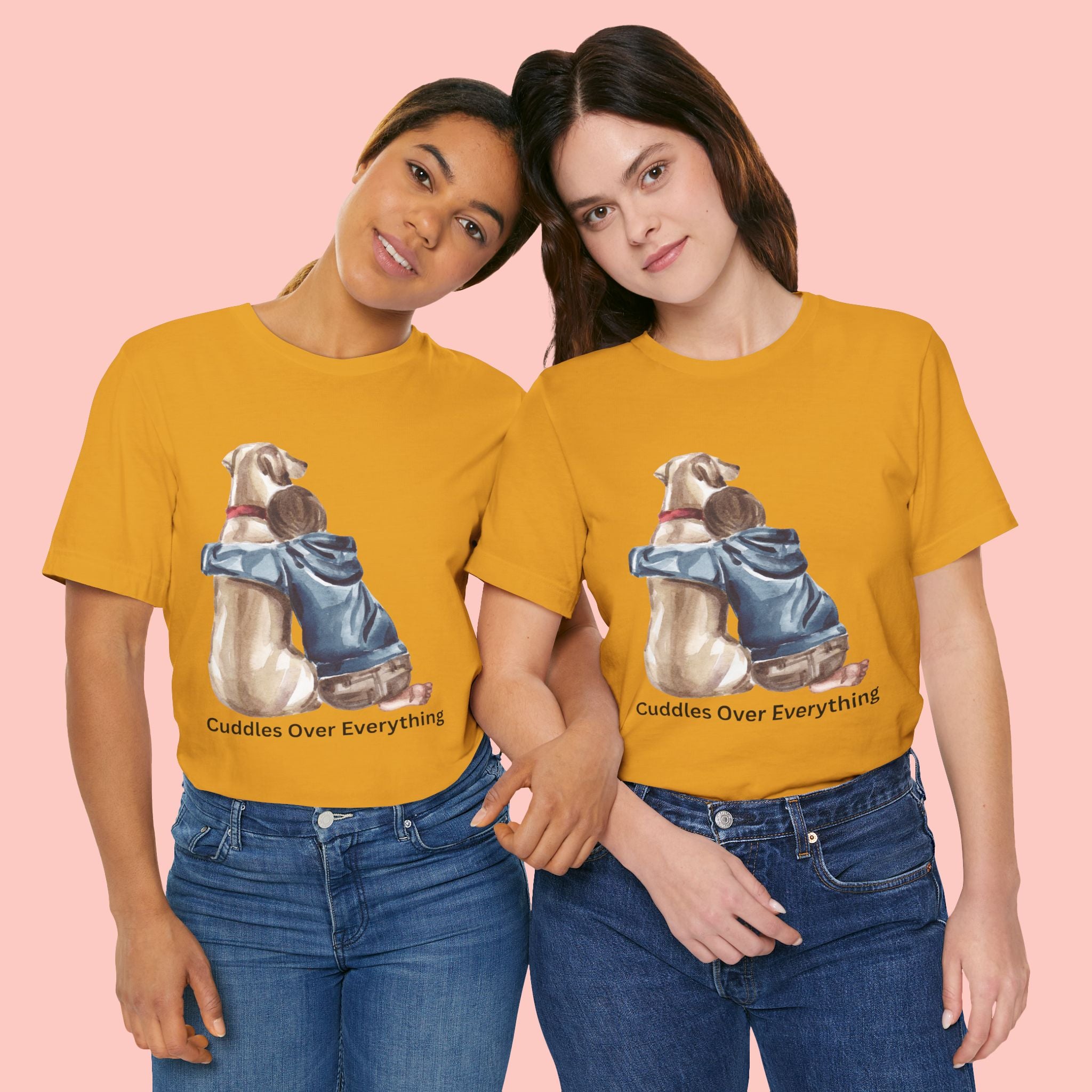 Cuddles Over Everything Tee — Boy Hugging Dog Animal Lover T-Shirt