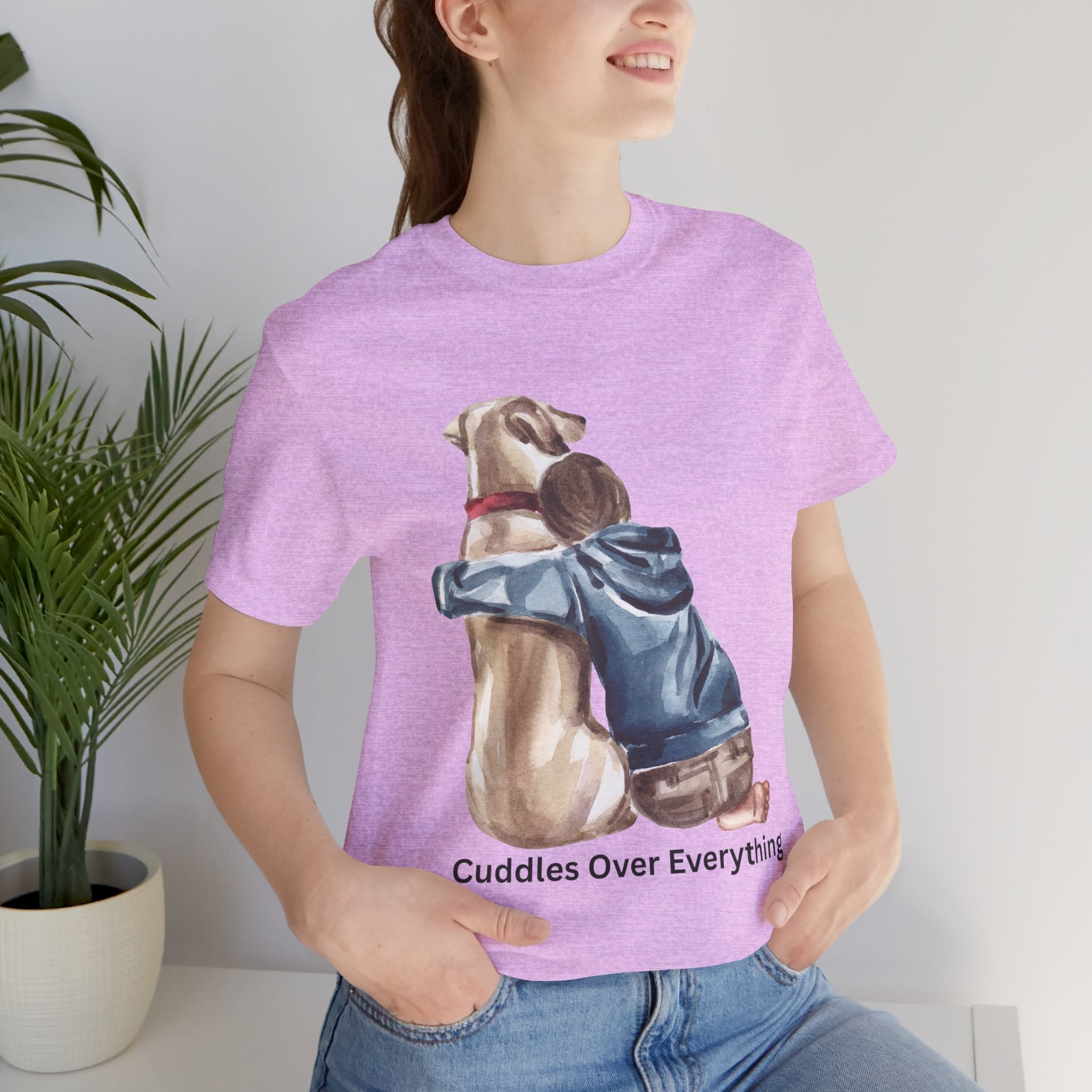 Cuddles Over Everything Tee — Boy Hugging Dog Animal Lover T-Shirt