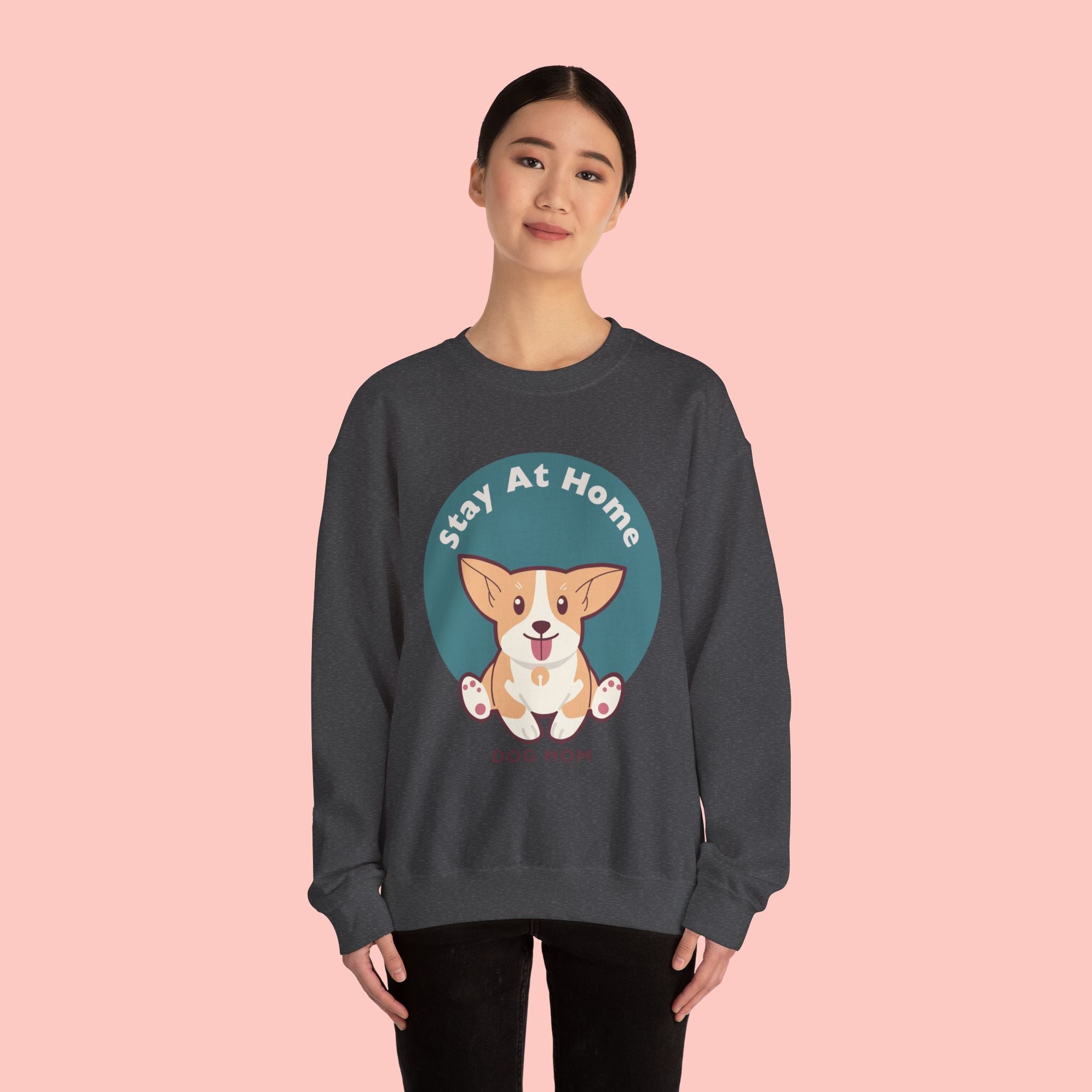 Stay At Home Dog Mom Crewneck Sweatshirt — Cute Corgi Graphic Sweatshirt