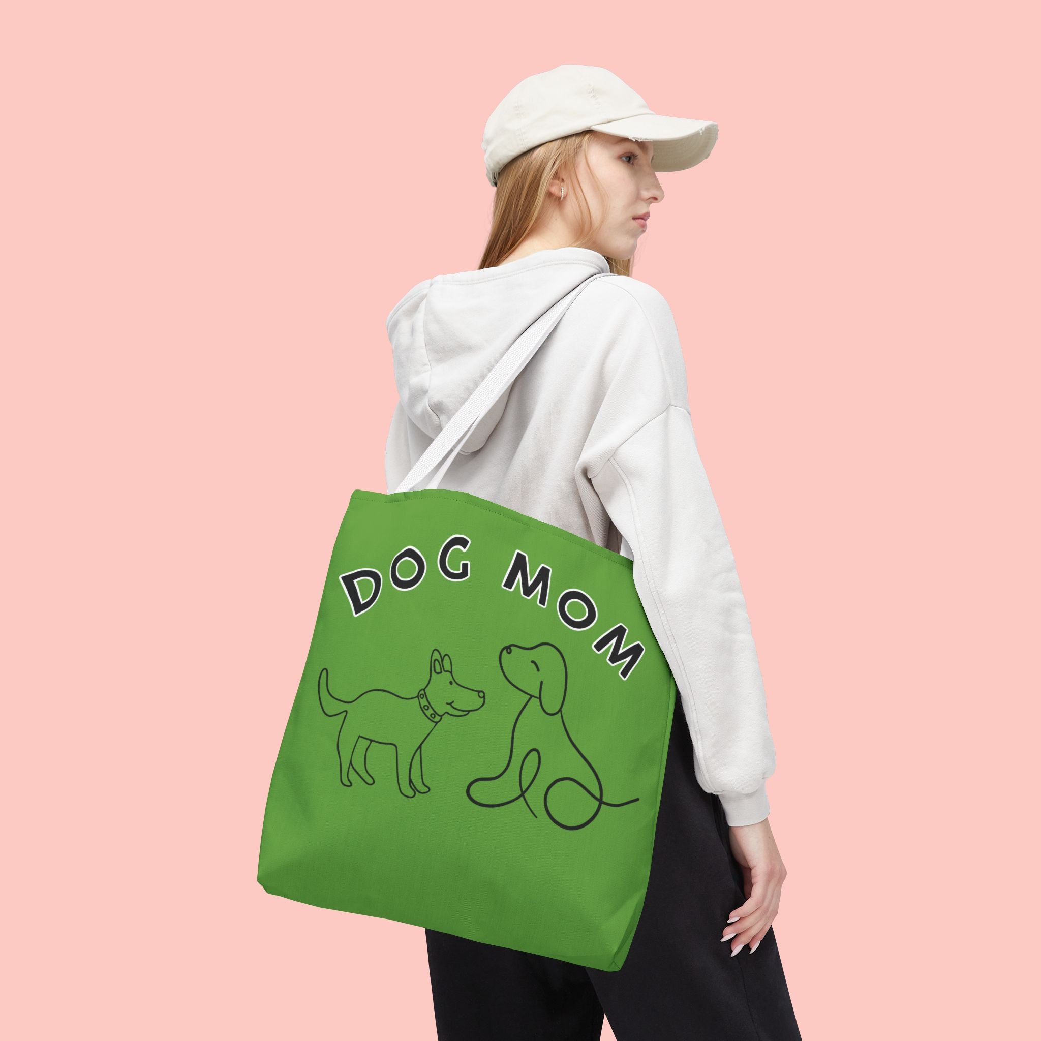 Dog Mom Tote Bag — Green All-Over-Print Cute Line-Drawing Dogs