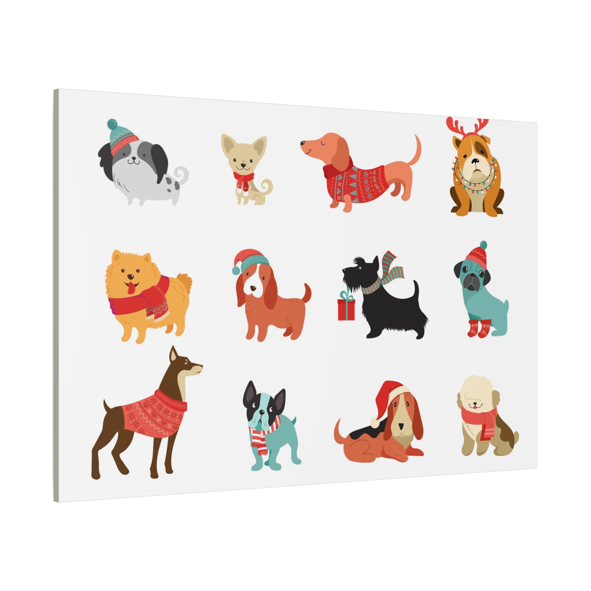 Holiday Dogs Canvas Wall Art — Cute Dachshund, Pug & Mixed Breeds in Winter Sweaters