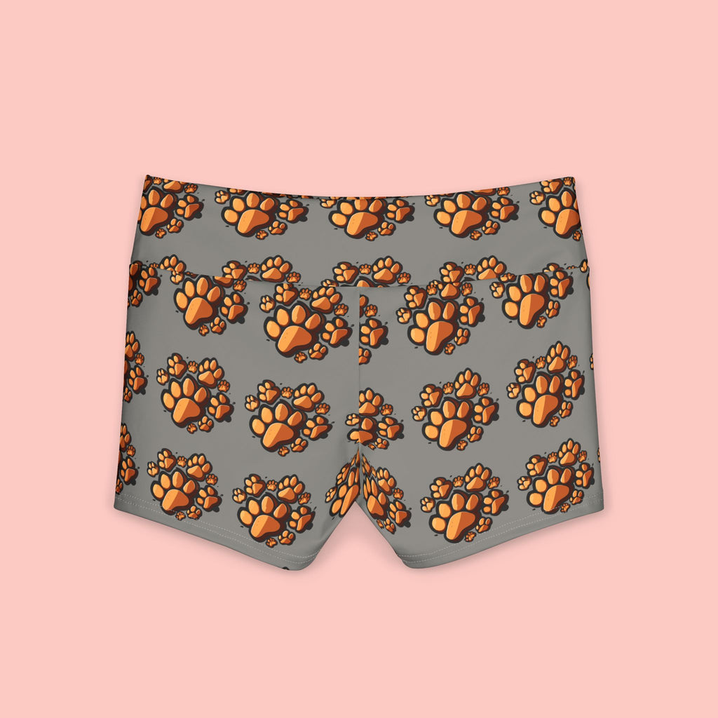 Paw Print Yoga Shorts — Women's Grey Activewear with Orange Paw Pattern
