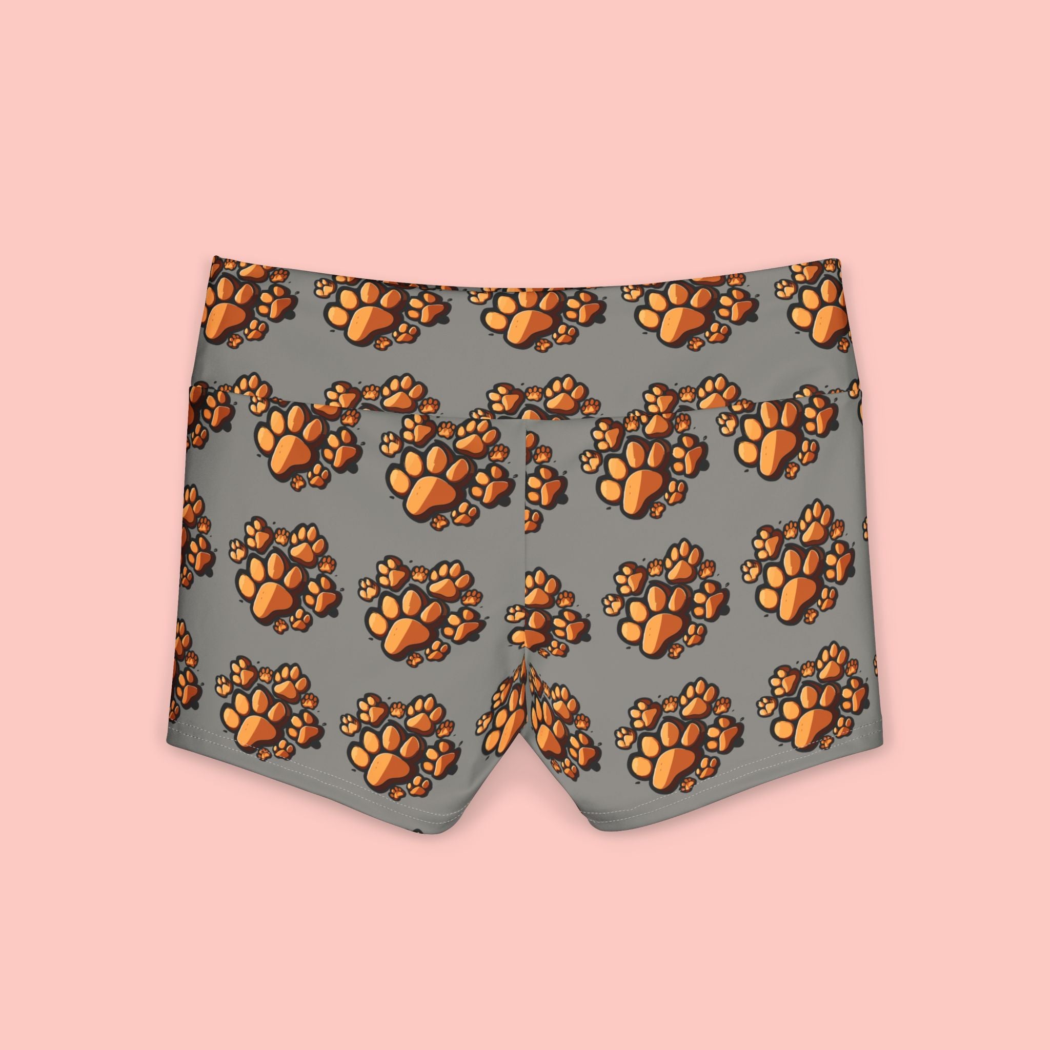 Paw Print Yoga Shorts — Women's Grey Activewear with Orange Paw Pattern