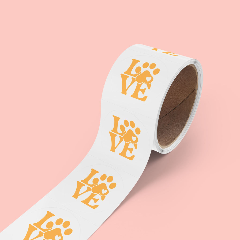 Round Pet Love Sticker Labels — Paw Print "LOVE" Roll