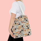 Dog Paw & Bone Pattern Tote Bag — 'Woof' All-Over Print Canvas Tote