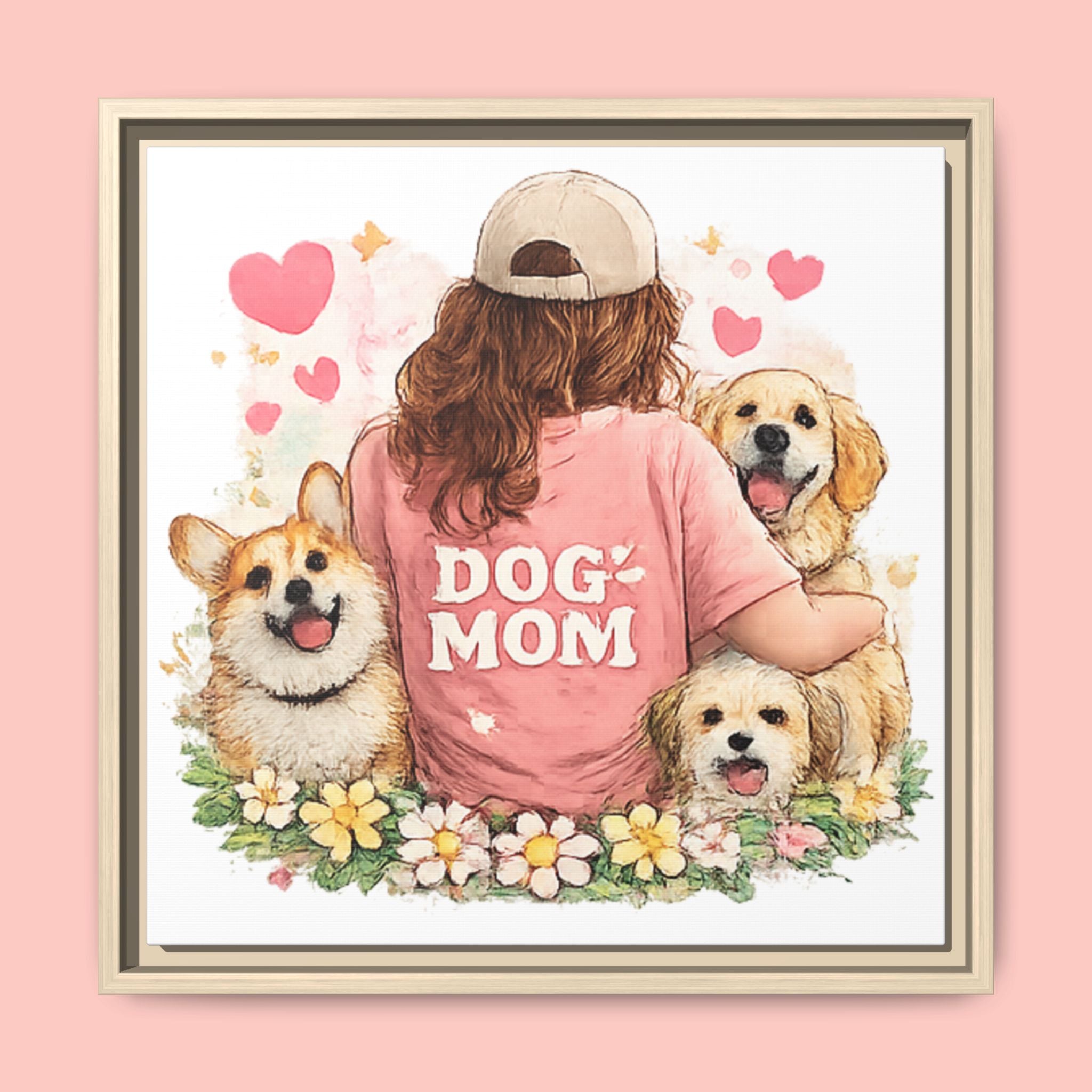 Dog Mom Canvas Print — Framed Matte Wall Art with Cute Dogs & Hearts
