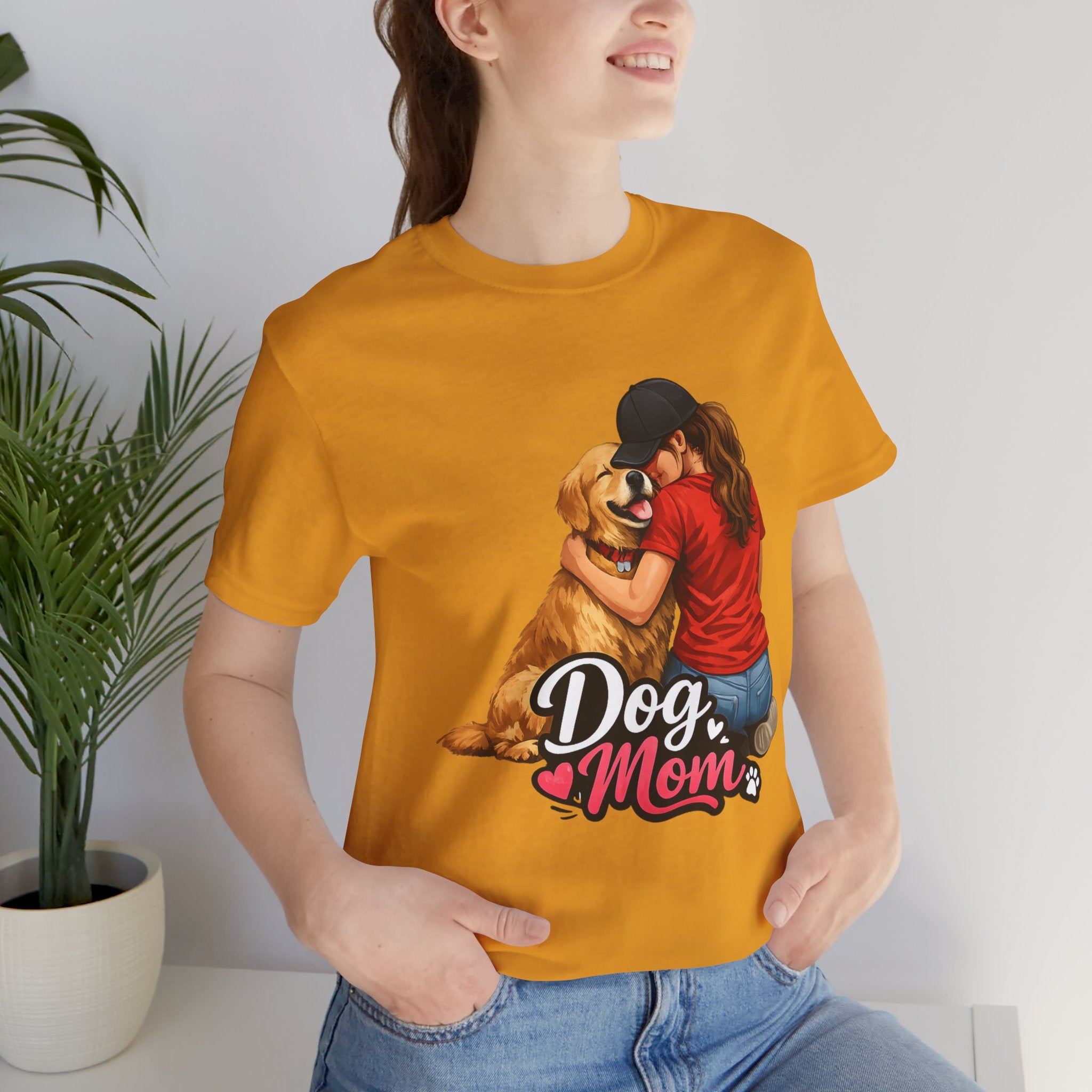 Dog Mom T-Shirt - Cute Woman Hugging Golden Retriever Tee