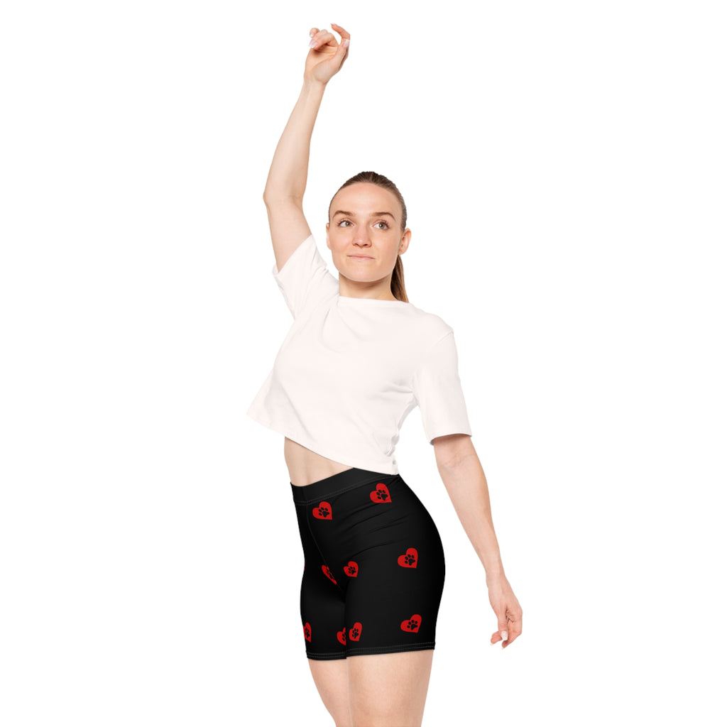 Biker Shorts — Black Red Paw-Print Heart Pattern
