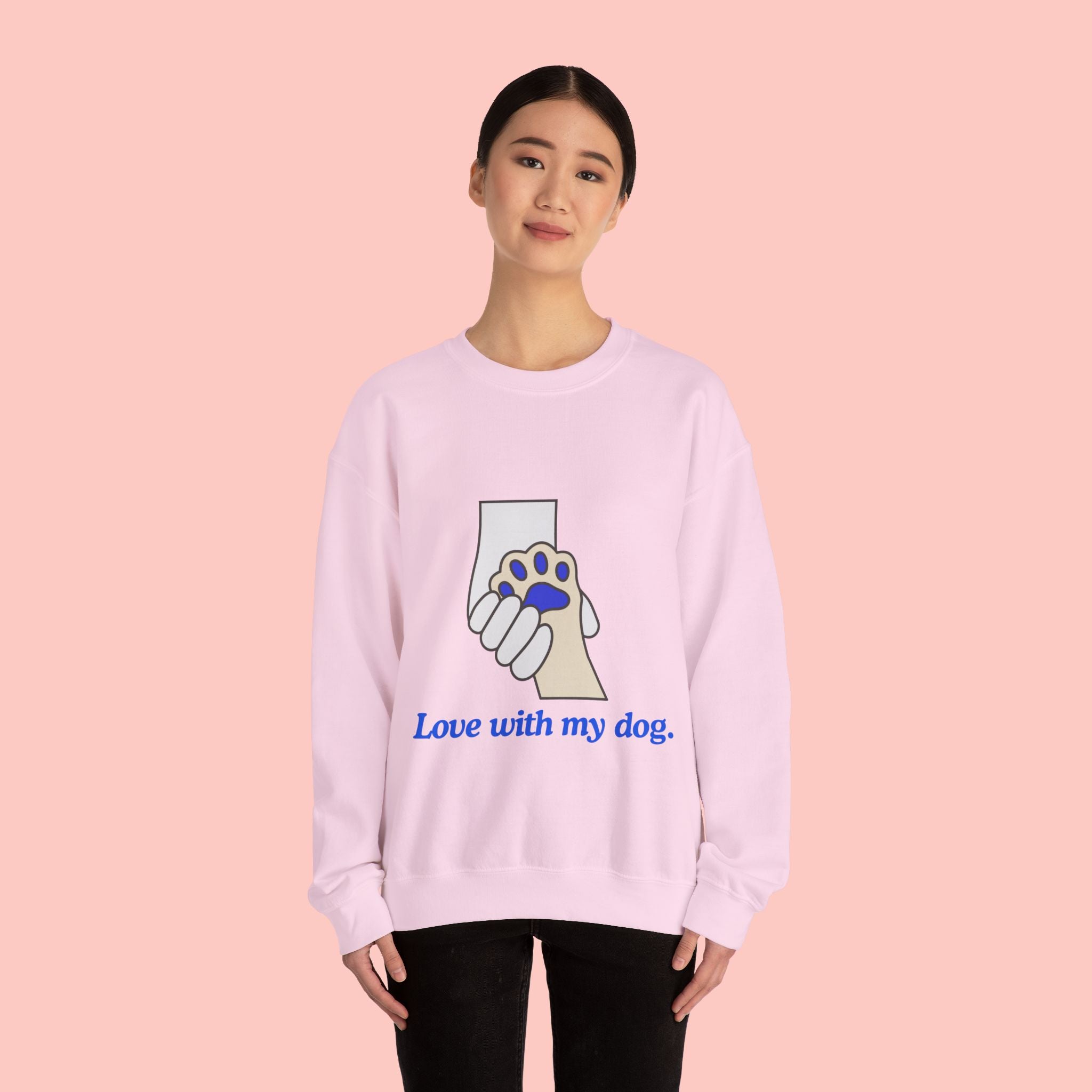 Dog Lover Crewneck Sweatshirt — "Love with my dog." Paw & Hold Graphic