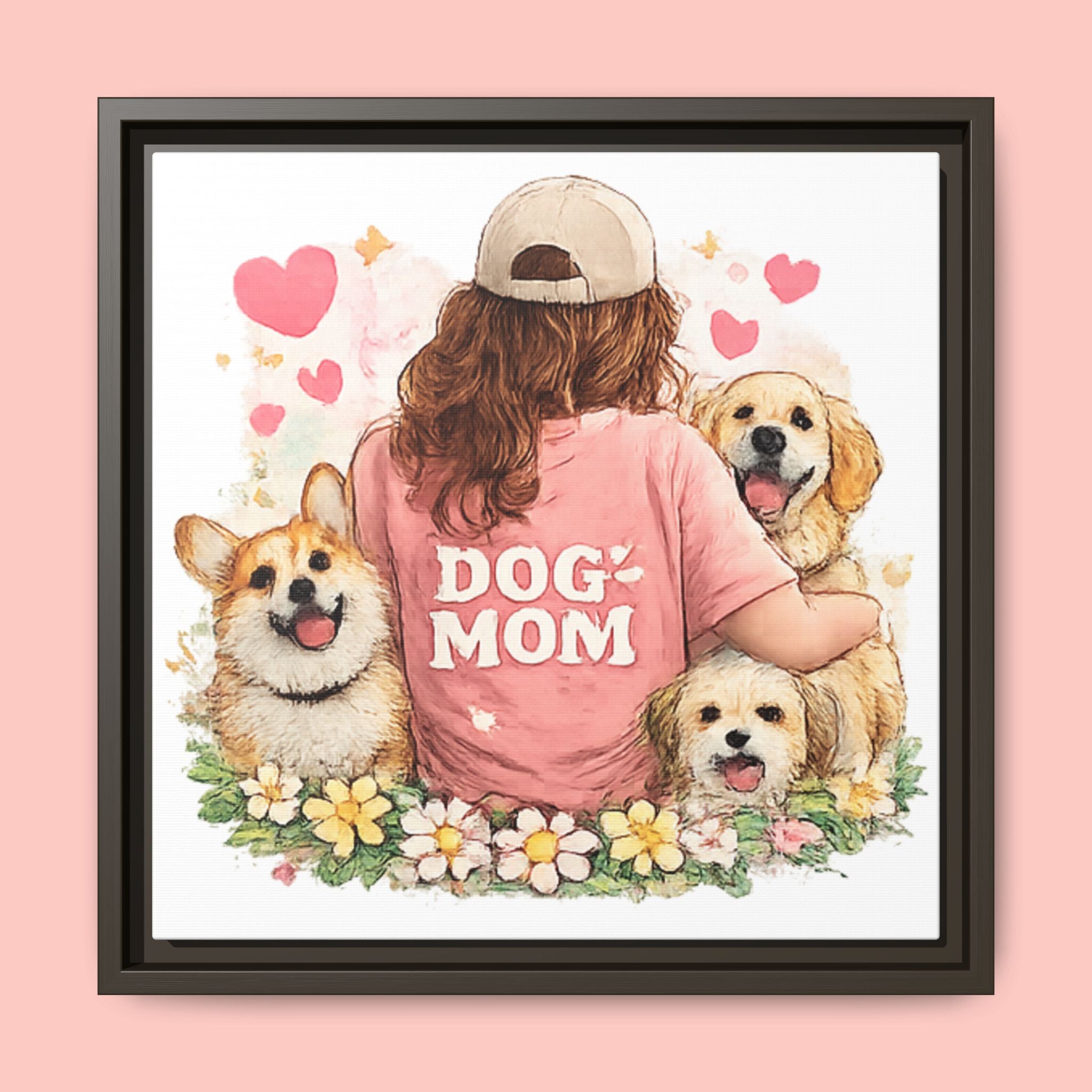 Dog Mom Canvas Print — Framed Matte Wall Art with Cute Dogs & Hearts