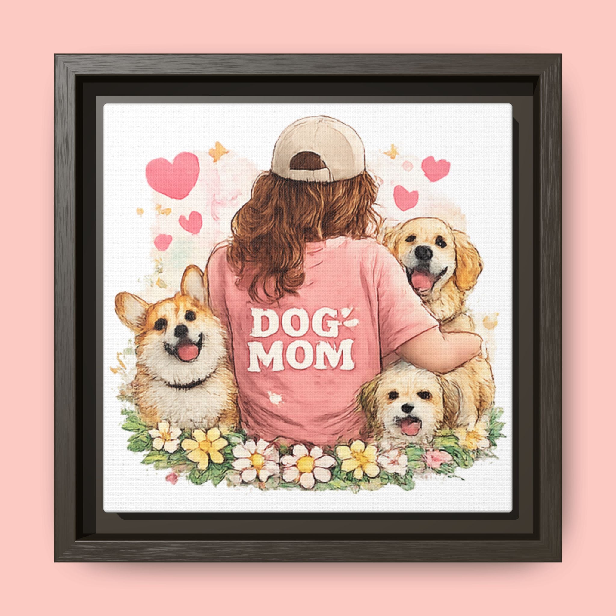 Dog Mom Canvas Print — Framed Matte Wall Art with Cute Dogs & Hearts