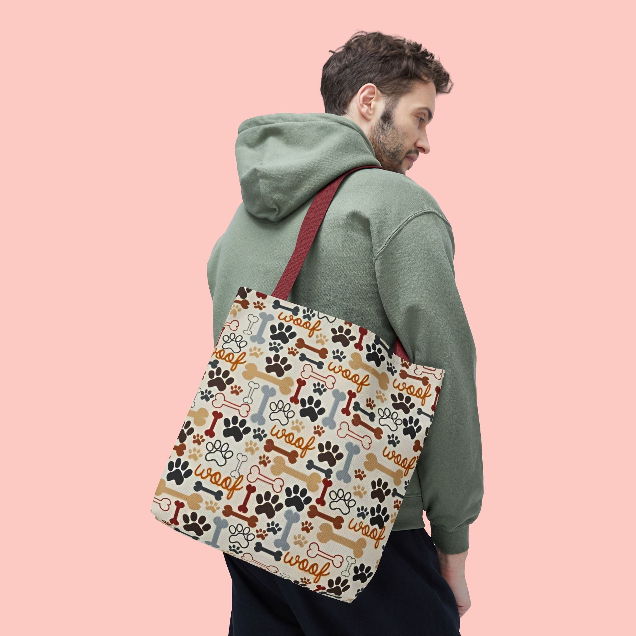 Dog Paw & Bone Pattern Tote Bag — 'Woof' All-Over Print Canvas Tote