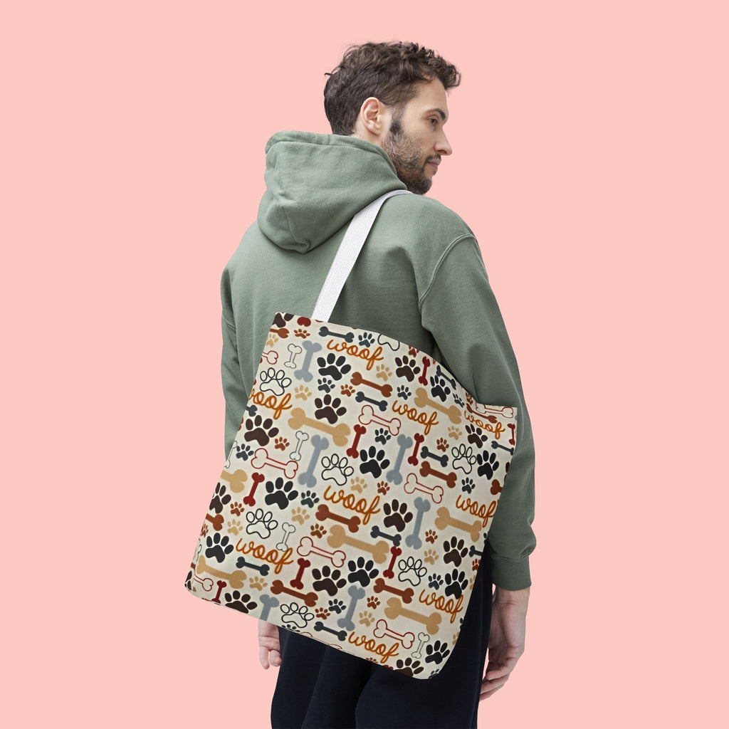 Dog Paw & Bone Pattern Tote Bag — 'Woof' All-Over Print Canvas Tote