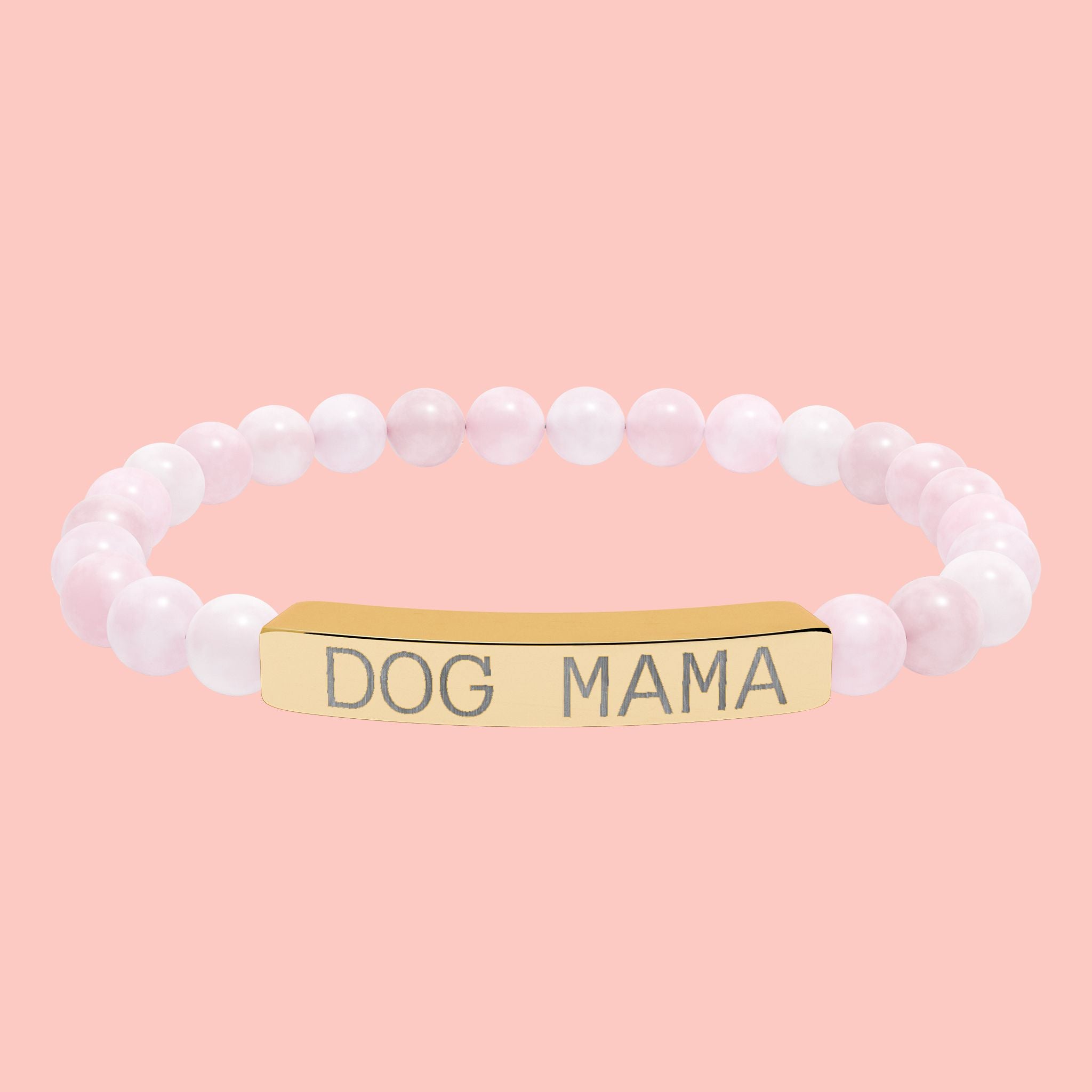 Dog Mama Natural Stone Stretch Bracelet — Engraved Bar Beaded Bracelet