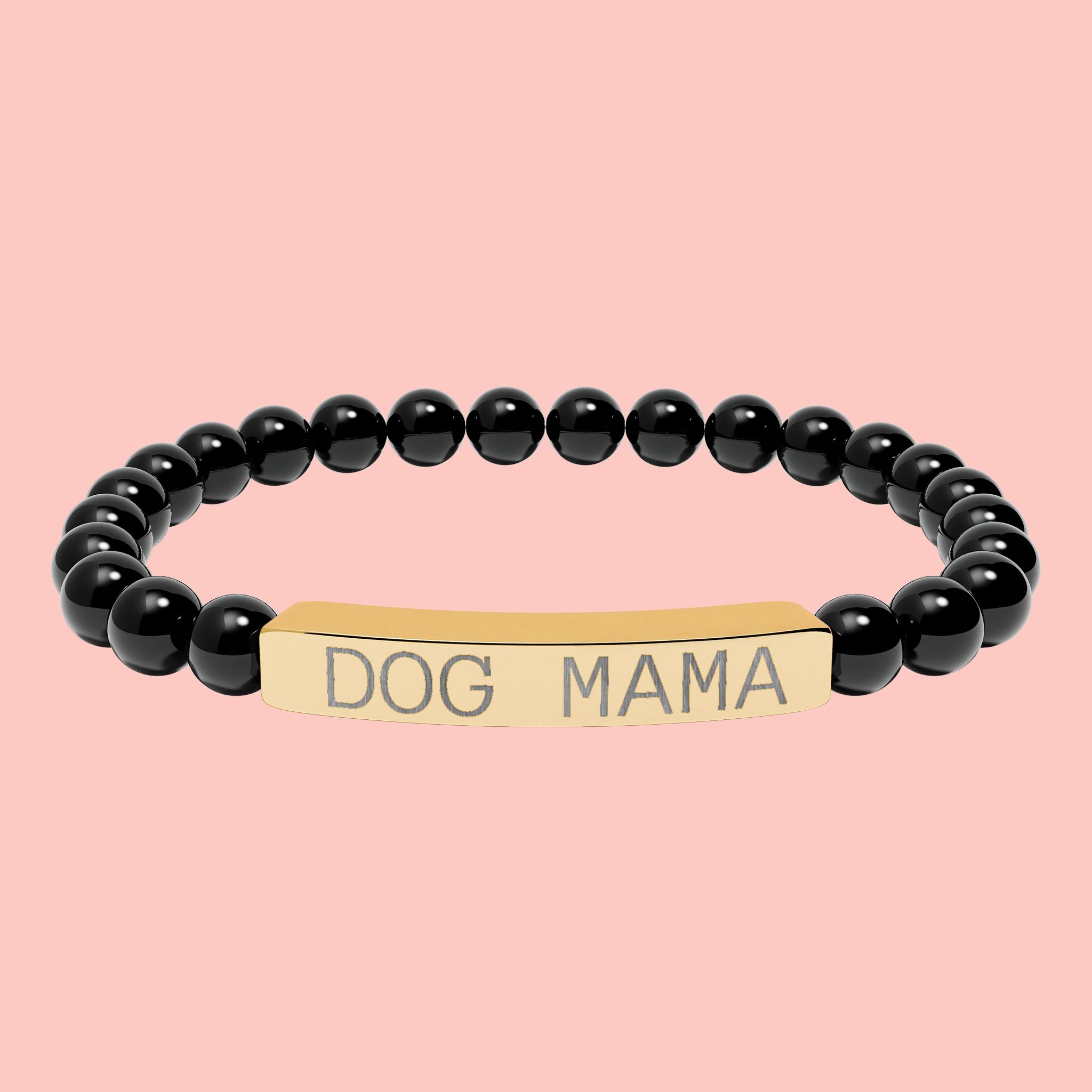 Dog Mama Natural Stone Stretch Bracelet — Engraved Bar Beaded Bracelet