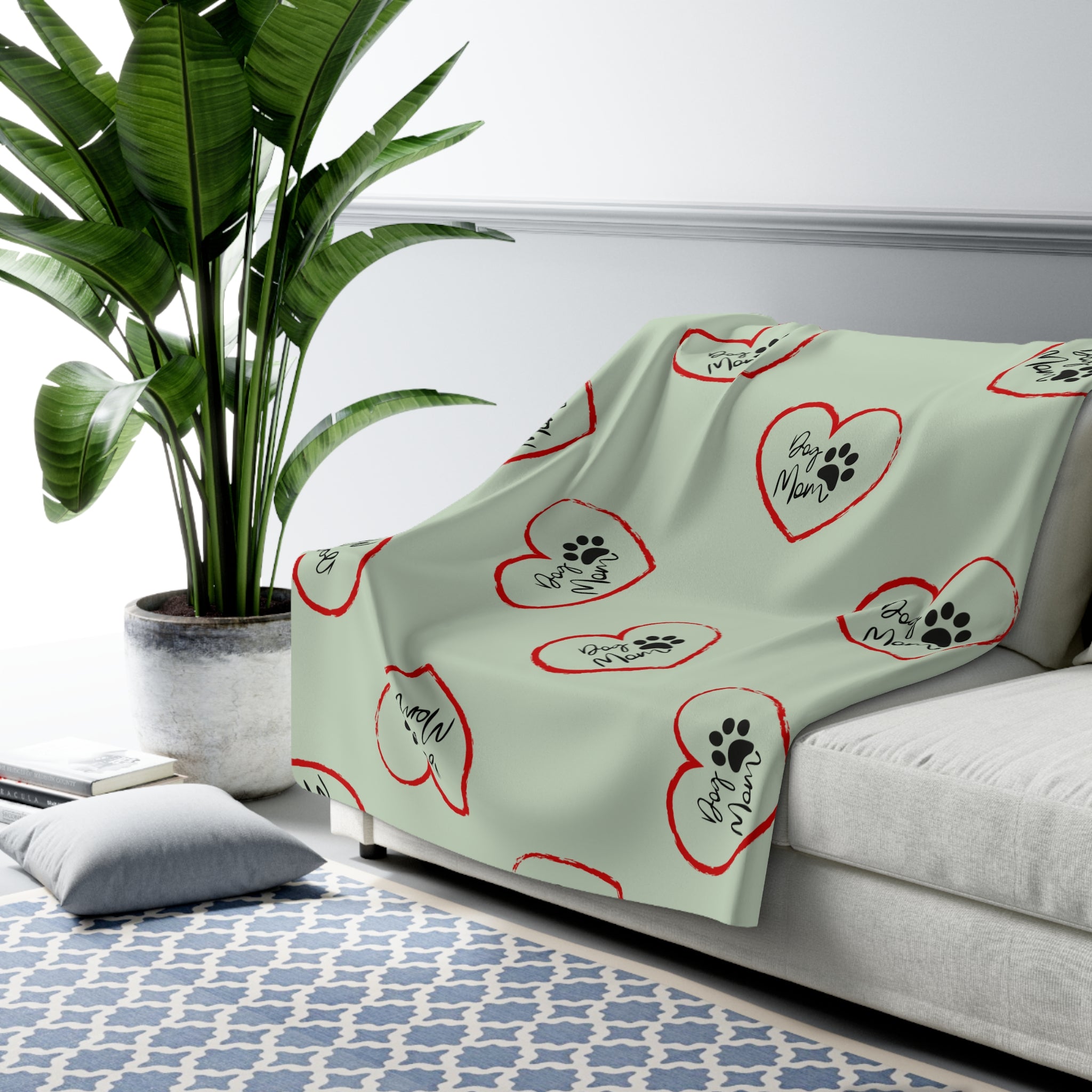 Sherpa Blanket — Mint Heart Paw Print "Dog Mom" Cozy Throw