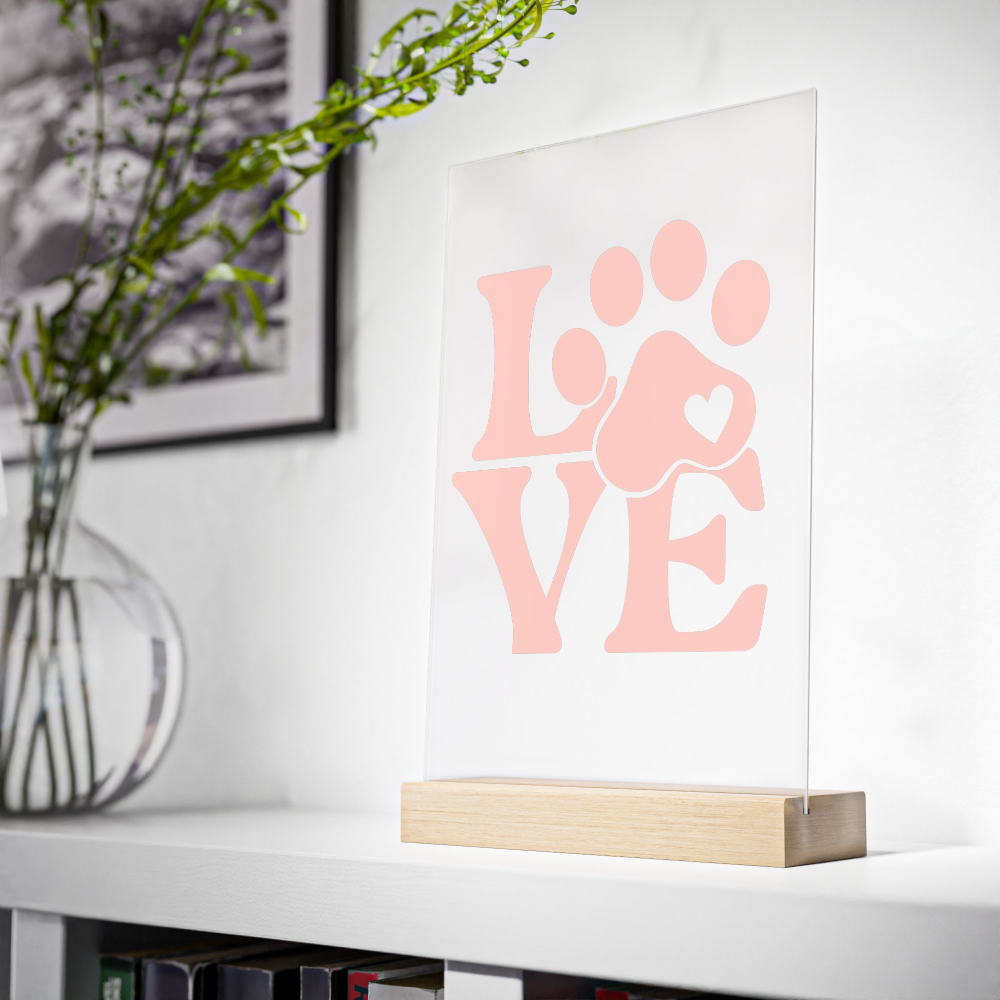 Acrylic Sign — Pink Paw LOVE Desk Decor with Wooden Stand