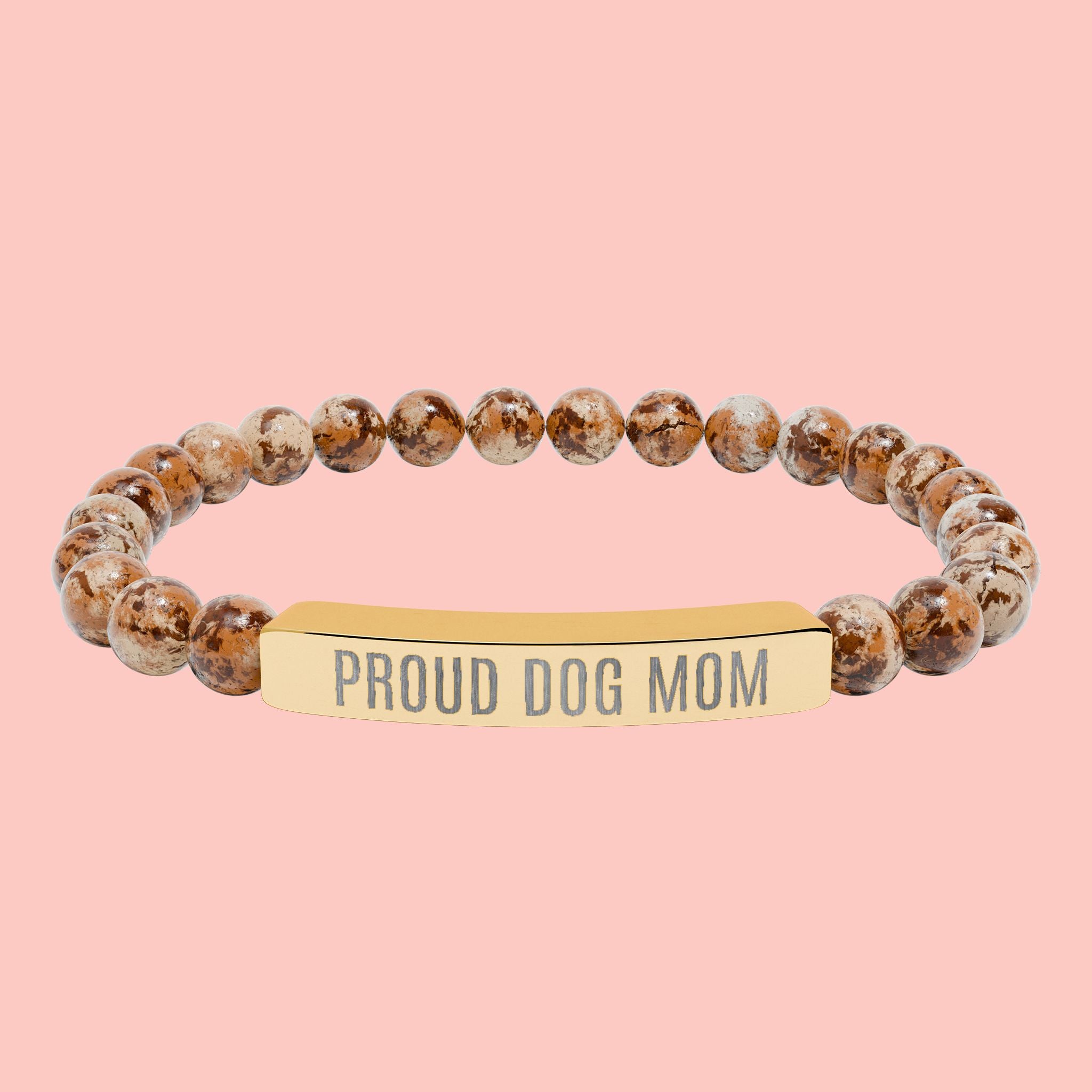 Proud Dog Mom Natural Stone Stretch Bracelet – Engraved Bar Gift for Pet Lovers